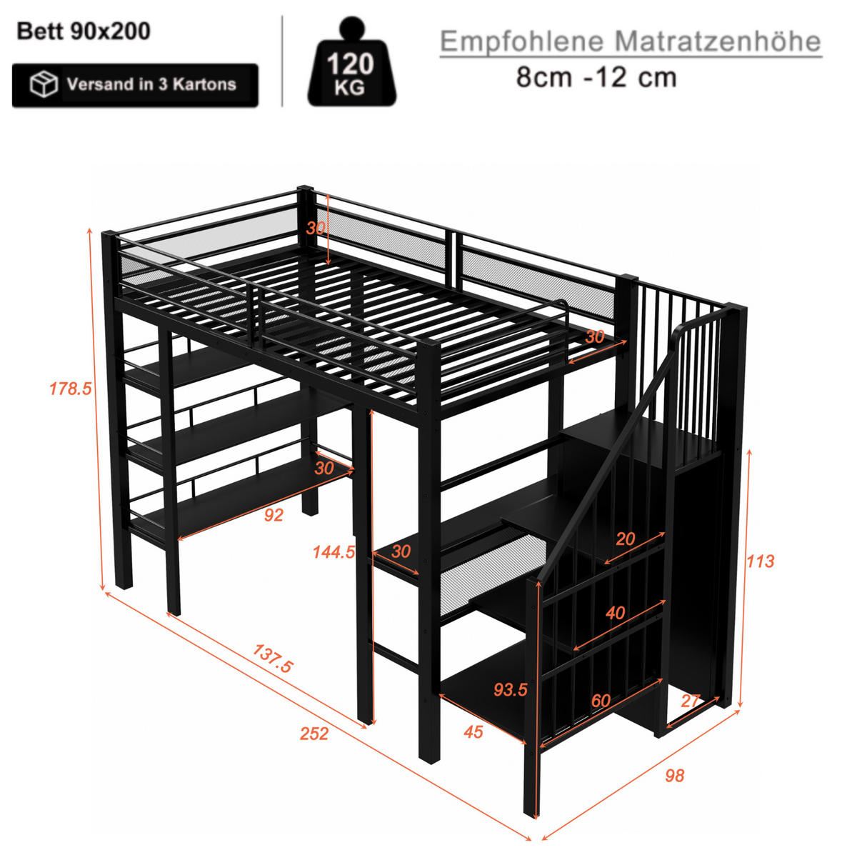 HOCHBETT 90/200 cm mit LED-Lichtleisten, Steckdose, Schreibtisch, Regal und Kleiderschrank, Schwarz - Schwarz, Holzwerkstoff (90/200cm) - Redom