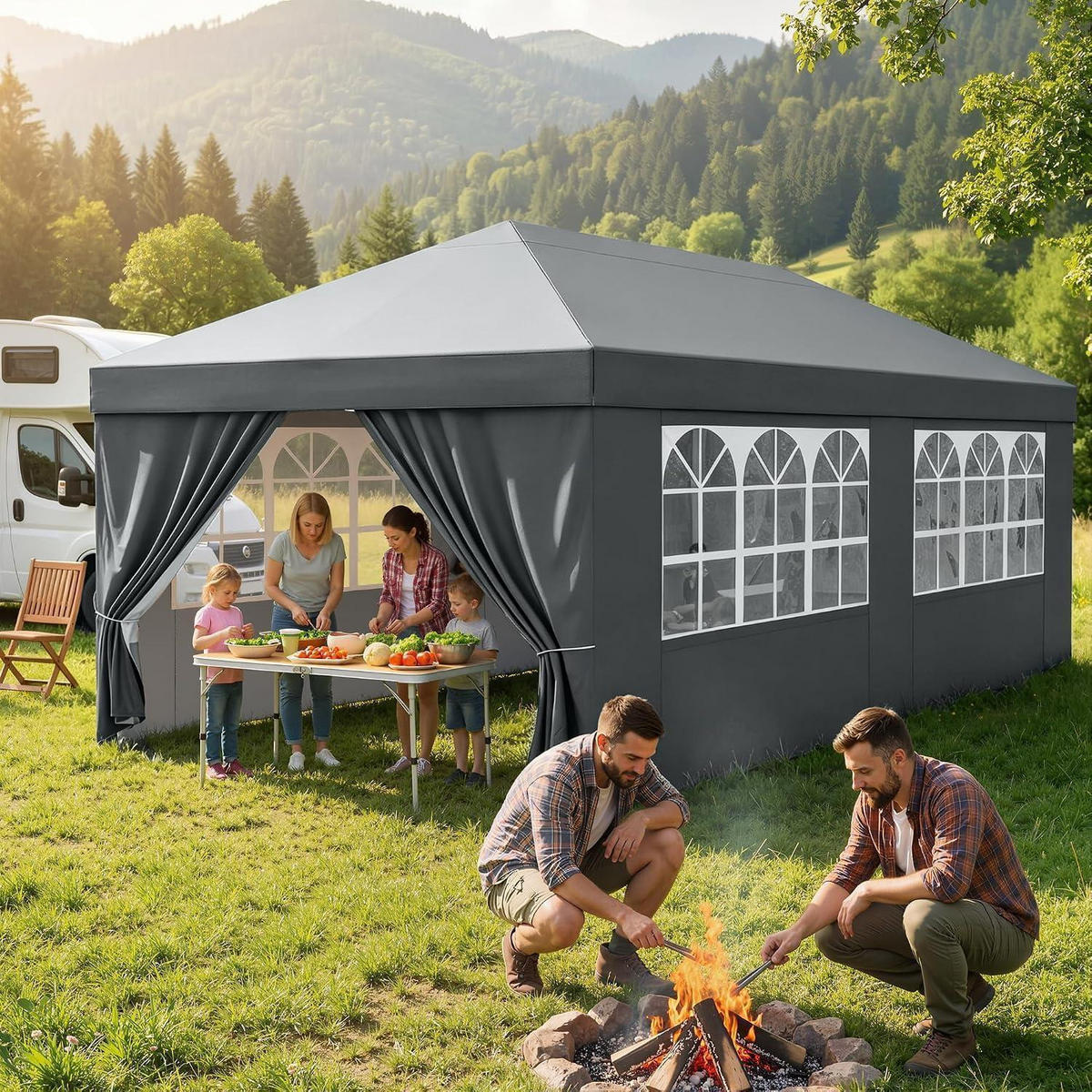 GARTENPAVILLON 3 x 6 m Grau Wasserdicht UV-Schutz 50+ mit 4 Seitenteilen - Grau, Textil (300/265/600cm)
