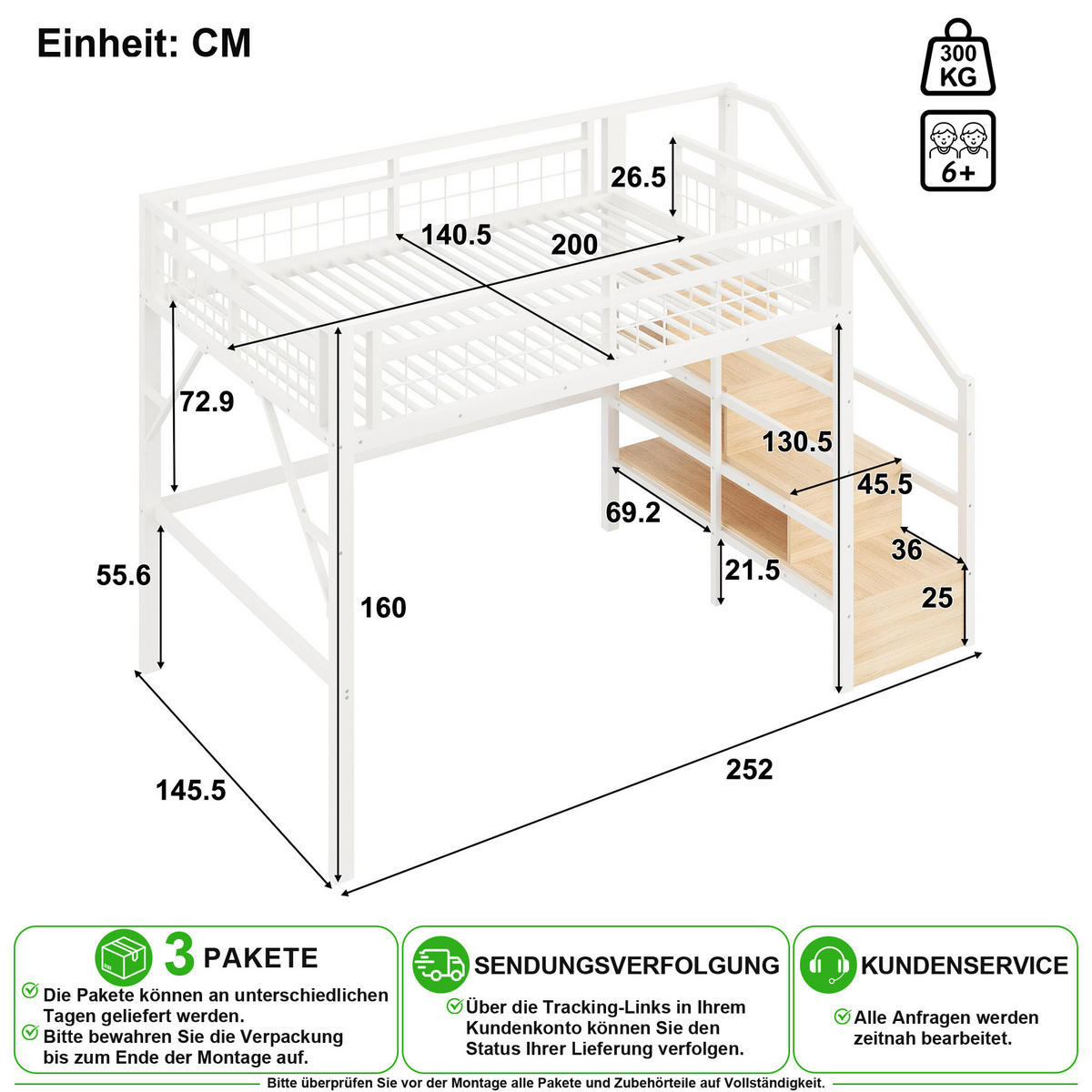 HOCHBETT 140/200 cm in Weiß mit LED und Stauraum - Weiß, Holzwerkstoff/Metall (140/200cm) - CHICFURN