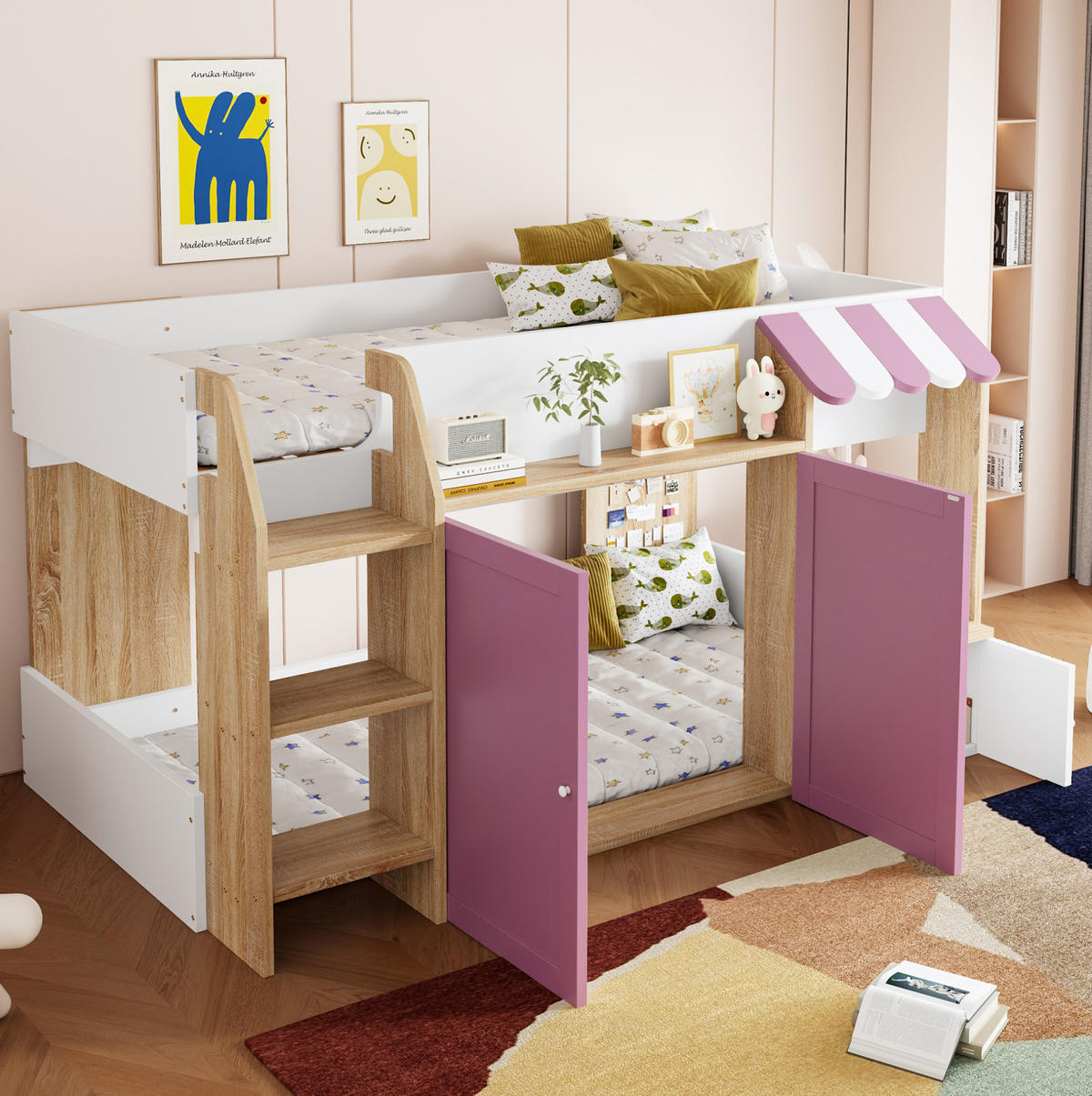 HOCHBETT aus Holz 90x200 cm in Rosa mit Leiter & Stauraum - Rosa, Holzwerkstoff (90/200cm) - Modfu