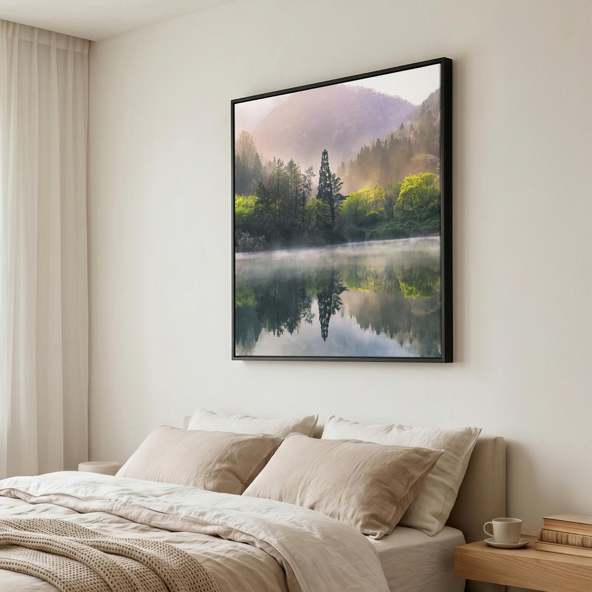 LEINWAND Bilder mit Rahmen - Natur - Bäume - Berge - See - Wasser - 90x90 - Hellgrün, Textil (90/90cm) - MuchoWow