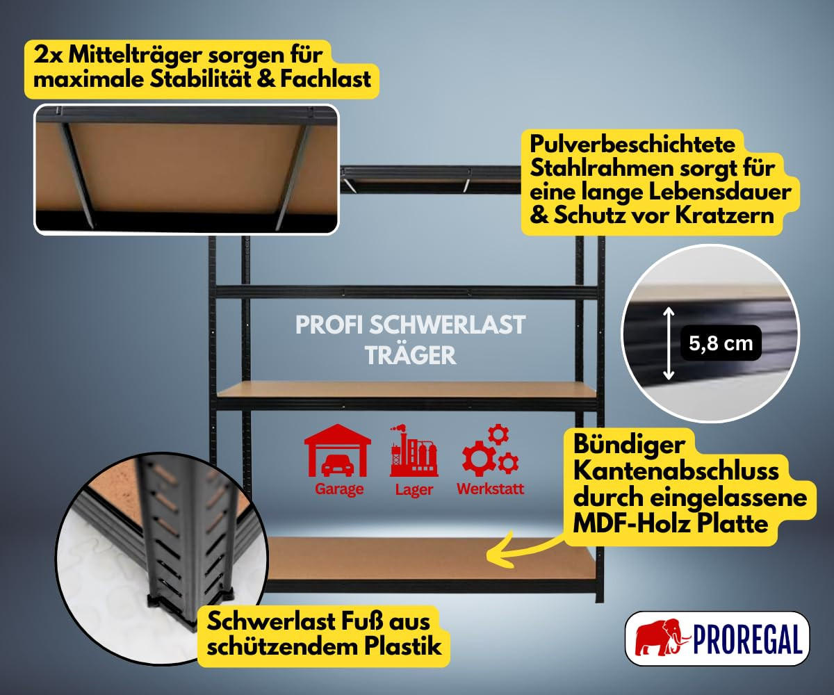 SCHWERLASTREGAL Taurus XL 180x160x60 cm Fachlast 250 kg Schwarz - Schwarz, Metall (160/180/60cm) - PROREGAL