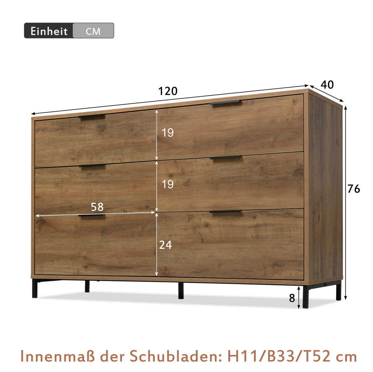 KOMODA, 120/40/76 cm, drevotrieska v dekore tmavého duba, 6 zásuviek - farba orecha, kompozitné drevo (120/76/40cm) - Modenvie