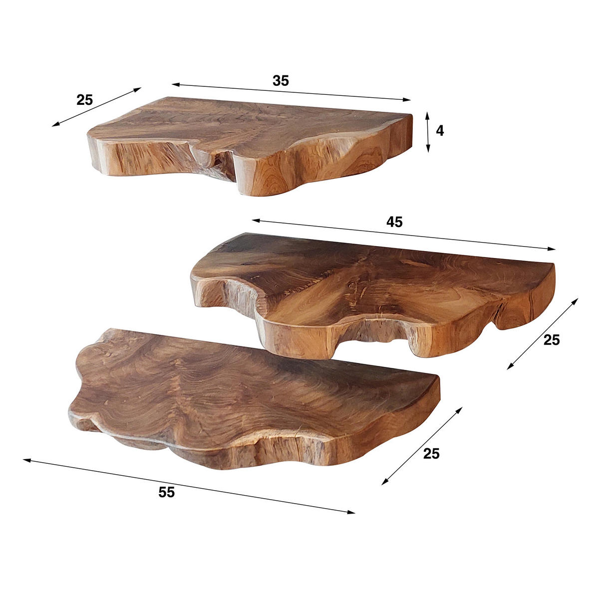 WANDREGAL Line Braun 25/55/ 4 cm 3er-Set - Braun, Holz (55/4/25cm) - Hoyz Collection