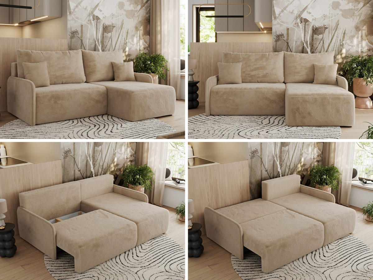 ECKSCHLAFSOFA ARPA L Beige Plüsch - rechts - Beige/Schwarz, Kunststoff/Textil (150/198cm) - MKS