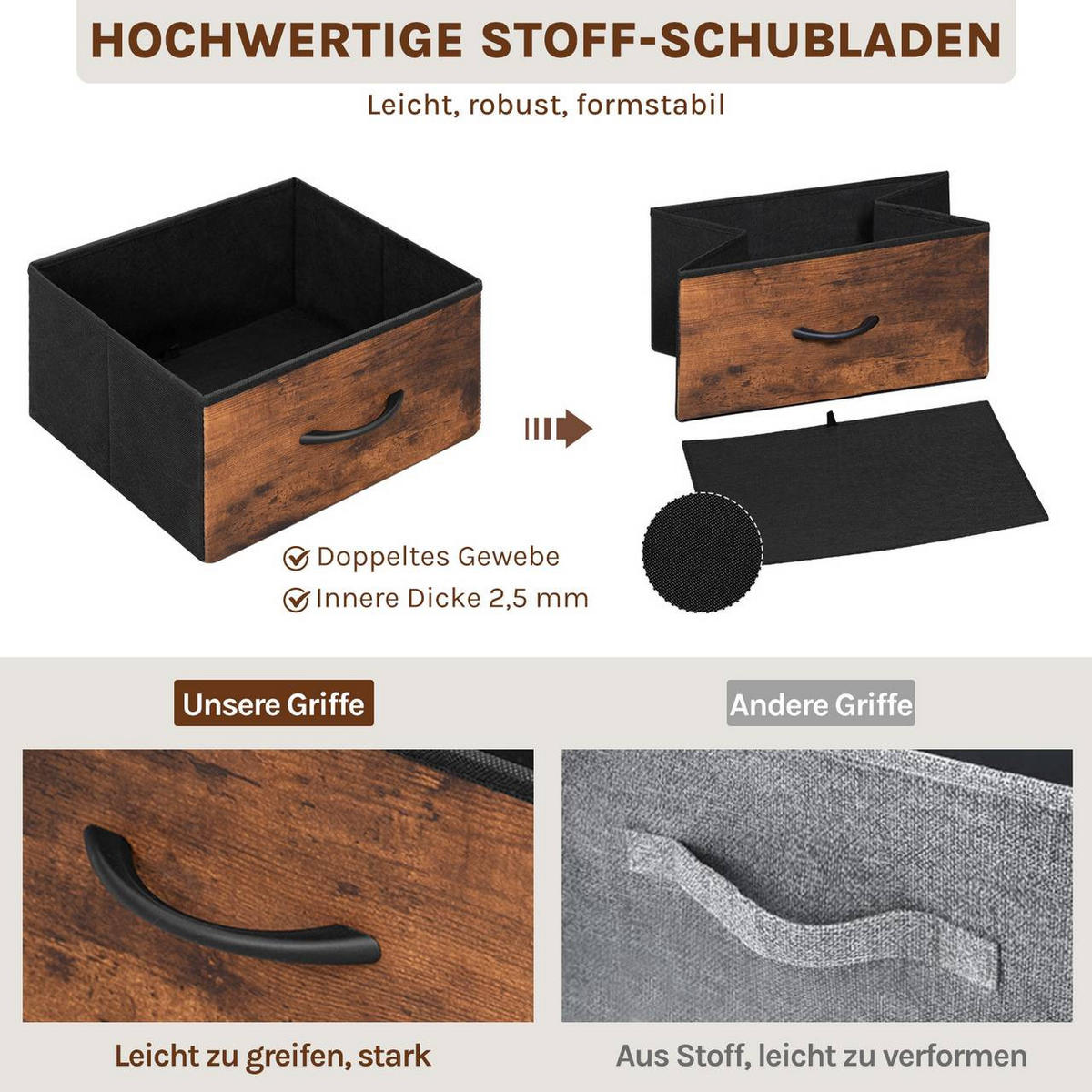 KOMMODE mit 9 Schubladen, LED, Steckdosen, Rustikales Braun - Dunkelbraun/Schwarz, Holzwerkstoff/Textil (110/85/30cm) - Woltu