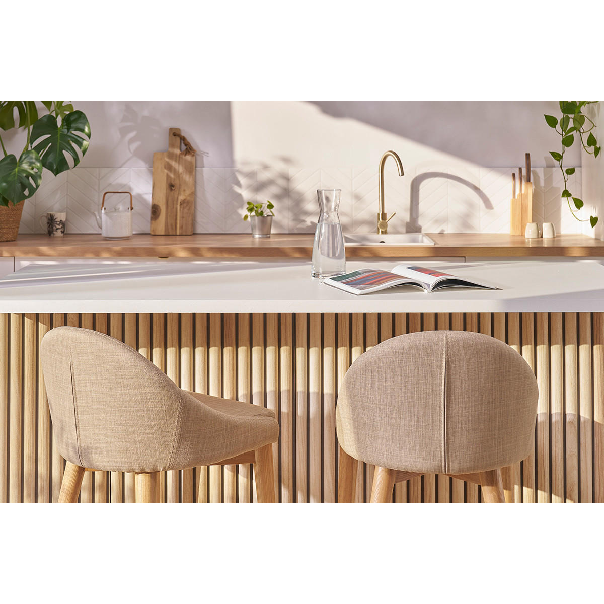 SKANDINAVISCHE Barhocker Stoff Beige Massives Eschenholz H66 cm 2er-Set DALIA - Beige, Textil (47/90/47cm) - Miliboo