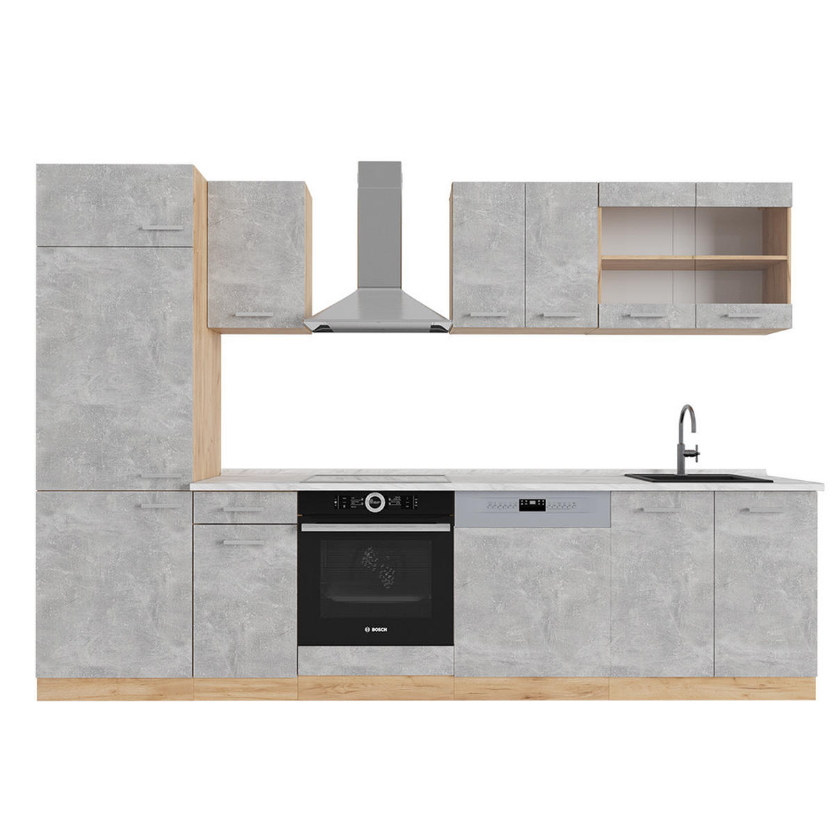 KÜCHENZEILE R-Line Beton/Goldkraft Eiche 300 cm , AP Marmor - Honigeiche/Grau, Holzwerkstoff (300/81.6/60cm) - Vicco