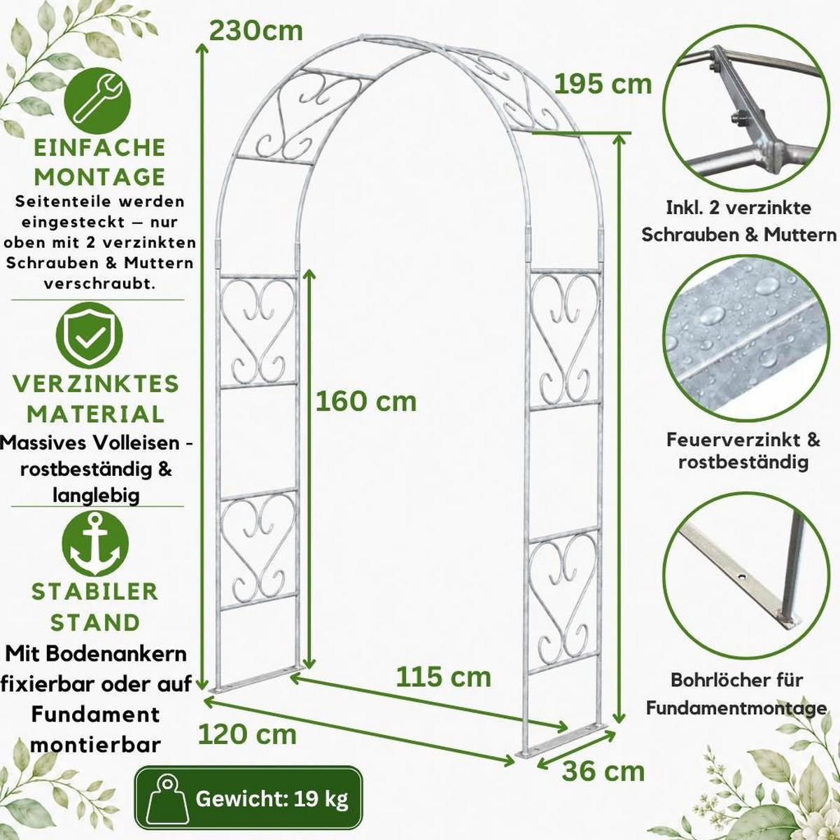 ROSENBOGEN Metall Verzinkt Massiv 120 cm Torbogen - Grau, Metall (120/230/36cm) - DanDiBo