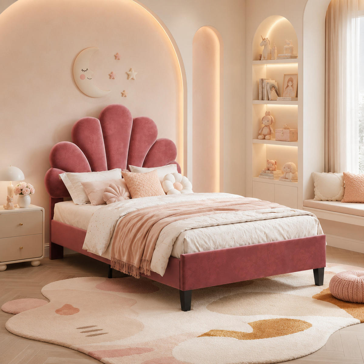 KINDERBETT 90/200 Samt Polsterbett Muschel Kopfteil Jugendbett Rosa - Hellrot, Metall (90/200cm) - Joyfair