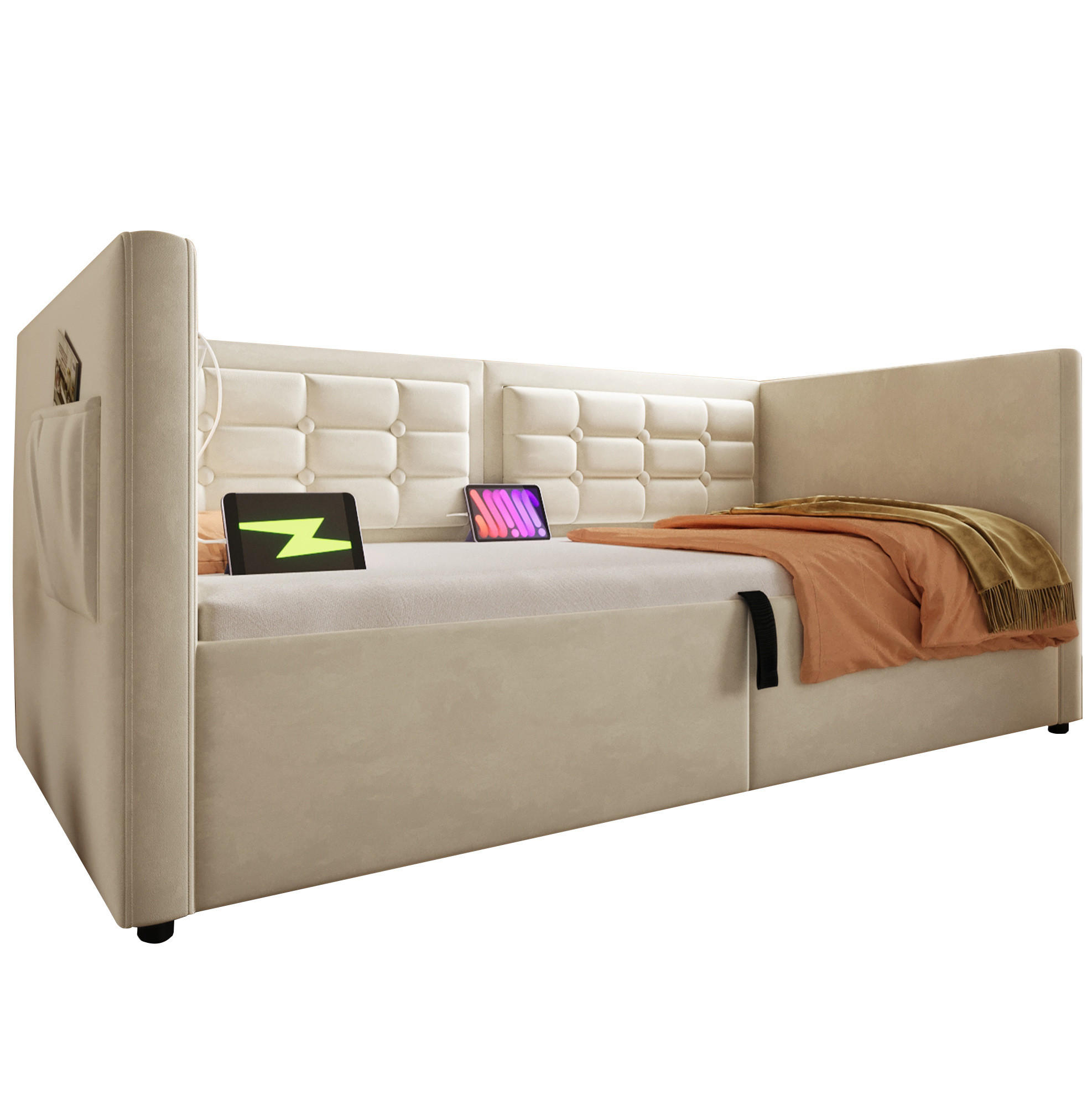POSTEL 90/200 cm samet béžová s hydraulickým úložným prostorem a USB/Type-C - béžová, textil (90/200cm) - BEAOK