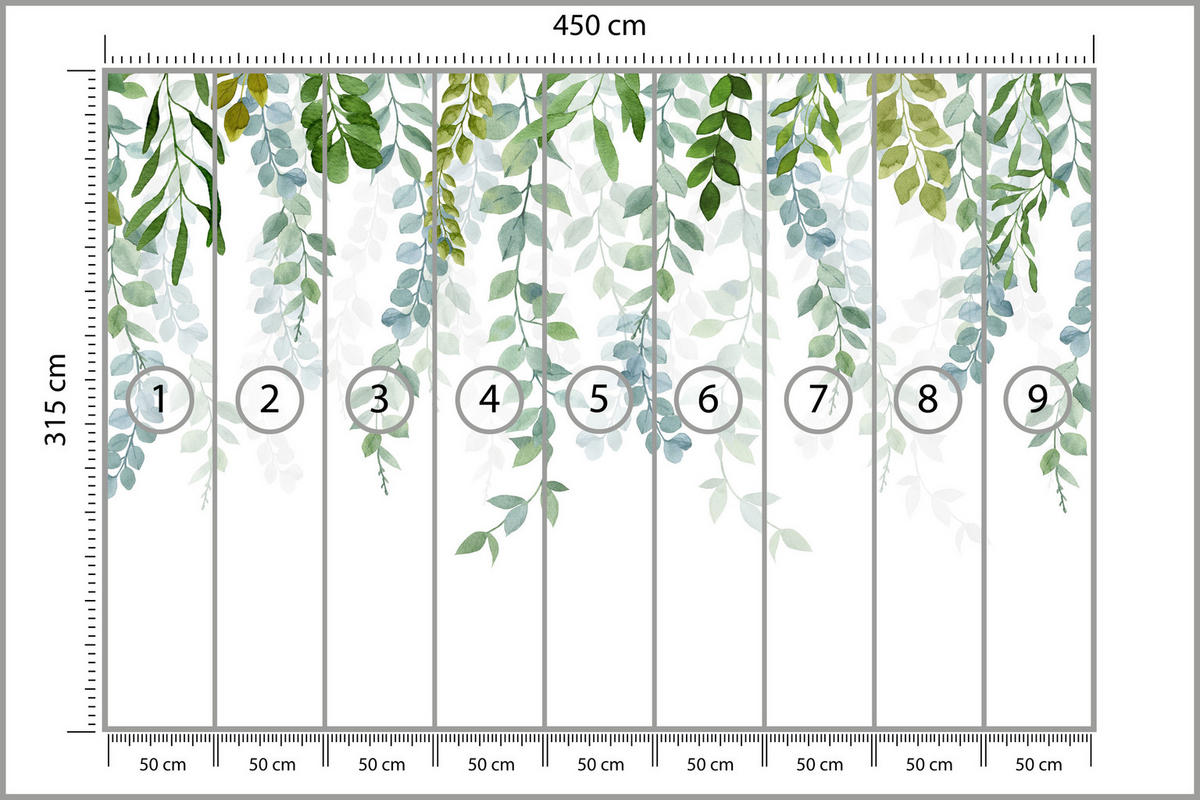 FOTOTAPETE für Schlafzimmer Zarte Ranken Blätter Kletterpflanzen Natur 450x315 - Weiß/Grün, Papier (450/315cm) - Muralo