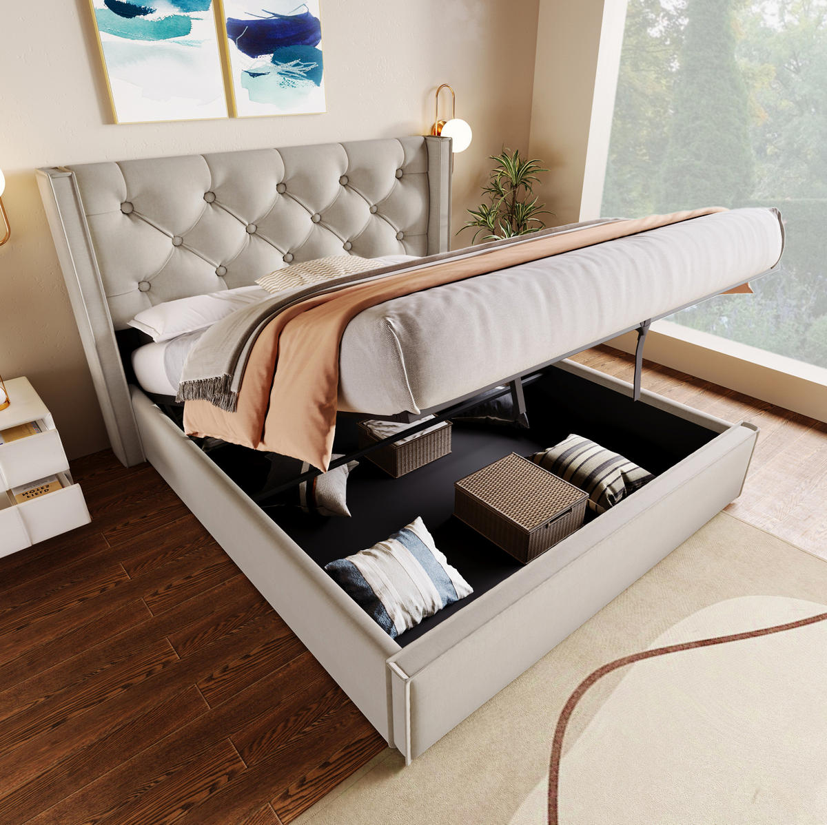 BETT mit Bettkasten 140x200 cm Baumwolle Light Grey - Hellgrau, Metall (140/200cm) - Meubliv