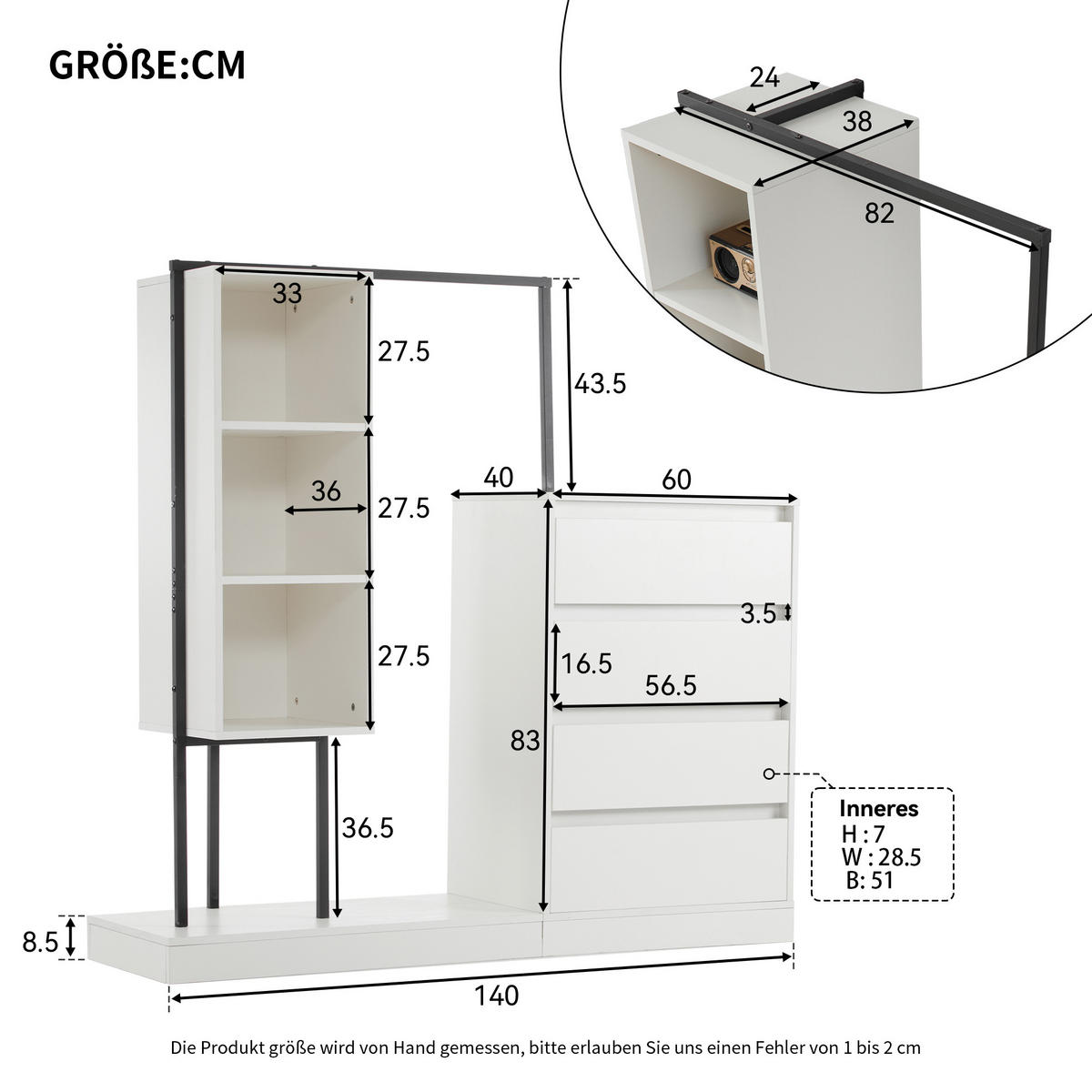 GARDEROBEN-SET in Weiß mit Kleiderstange und Schubladen für Schlafzimmer und Flur, B140/T40/H135 cm - Weiß, Holzwerkstoff/Metall (140/135/40cm) - STILVORA