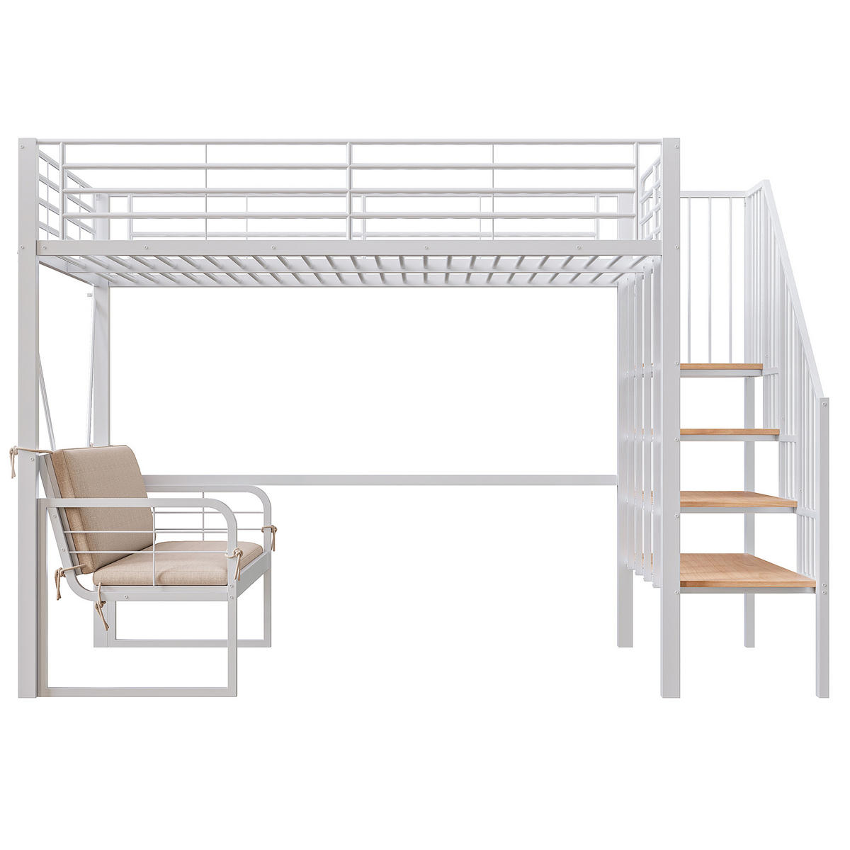 HOCHBETT 140/200 cm DE-01525, in Weiß, mit Polstersofa, Stauraum und Sicherheitstreppe - Weiß, Metall (140/200cm) - ComfortXL