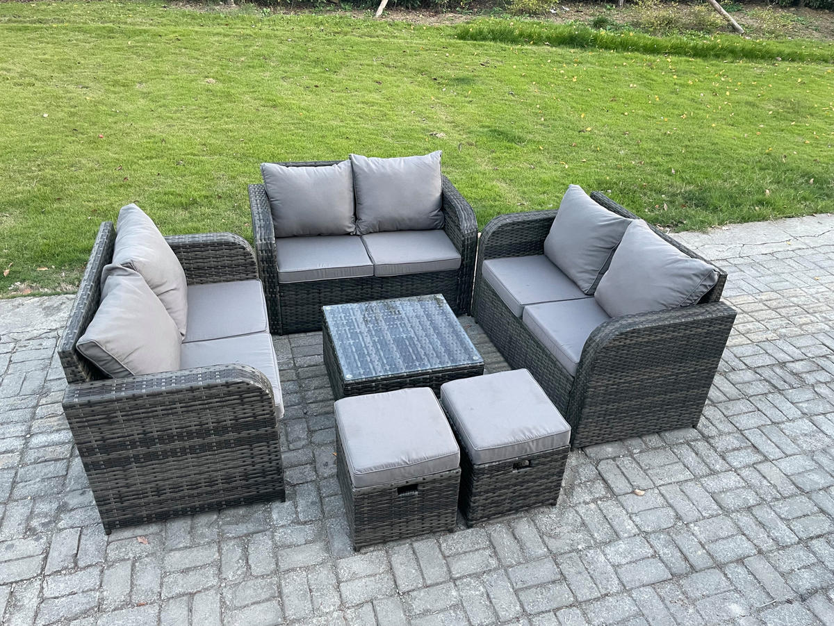 GARTENMÖBELGARNITUR Polyrattan Dunkelgrau 8-Sitzer - Dunkelgrau, Metall - Fimous
