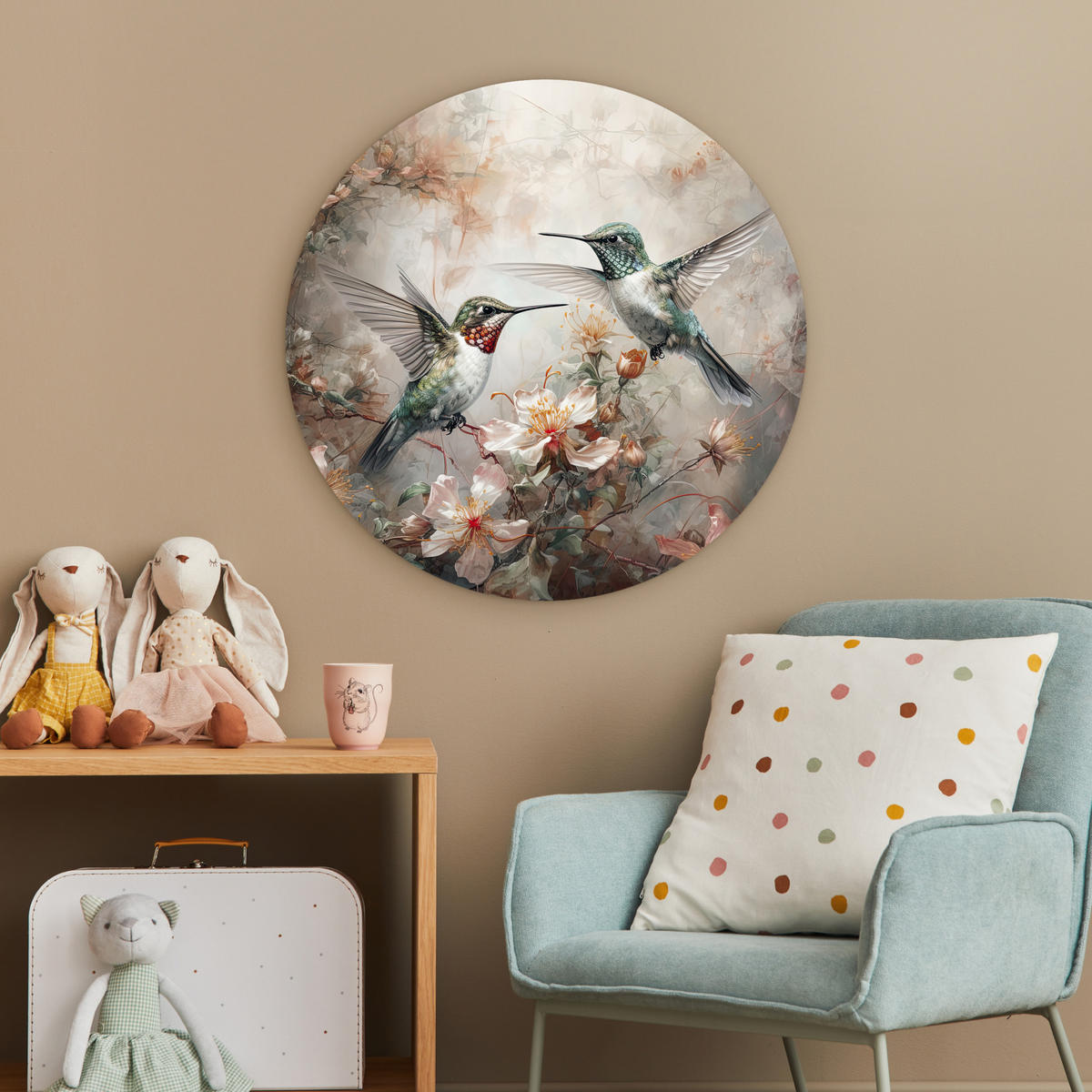 WANDBILD Kolibri - Vögel - Blumen - Pflanzen 60x60 cm - Hellgrün, Kunststoff (60/60cm) - MuchoWow