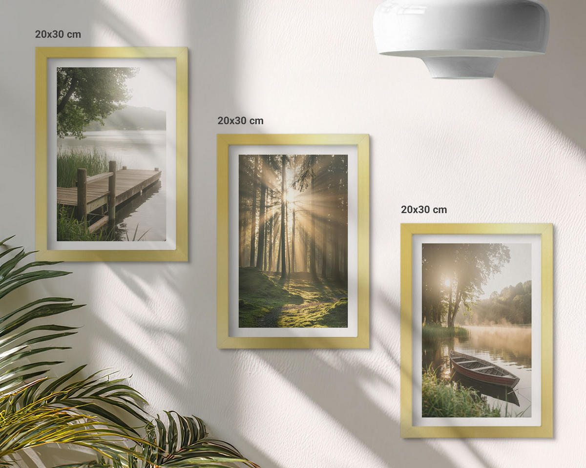 BILDER SET 3er Set - 20x30 cm Goldrahmen - See, Wald, Boot, Morgennebel - Goldfarben, Kunststoff (20/30cm) - TULUP