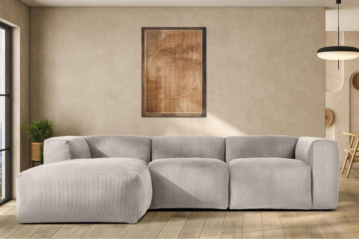 ECKMODULSOFA-LINKS BUFFO mit extrem weicher und bequemer Sitzfläche, Kordstoff, cremefarben - Creme, Textil (297/180cm) - KONSIMO®