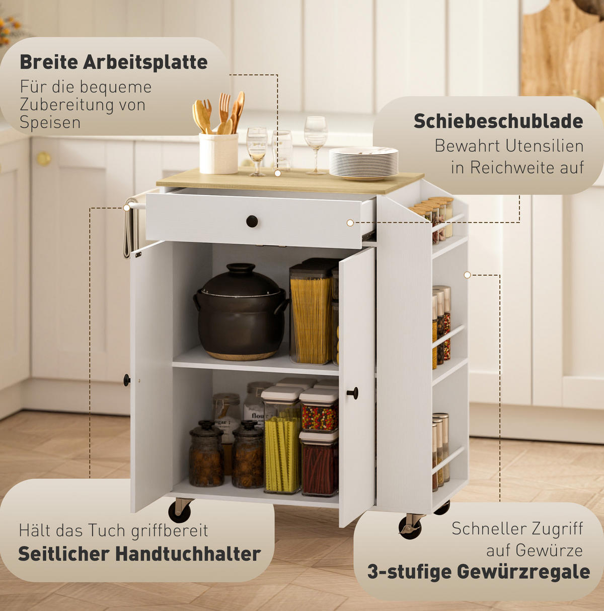 KÜCHENWAGEN aus Spanplatte mit melaminbeschichteter Oberfläche und verstellbarem Einlegeboden Weiß - Weiß, Holzwerkstoff (82/86.5/38cm) - Modenvie