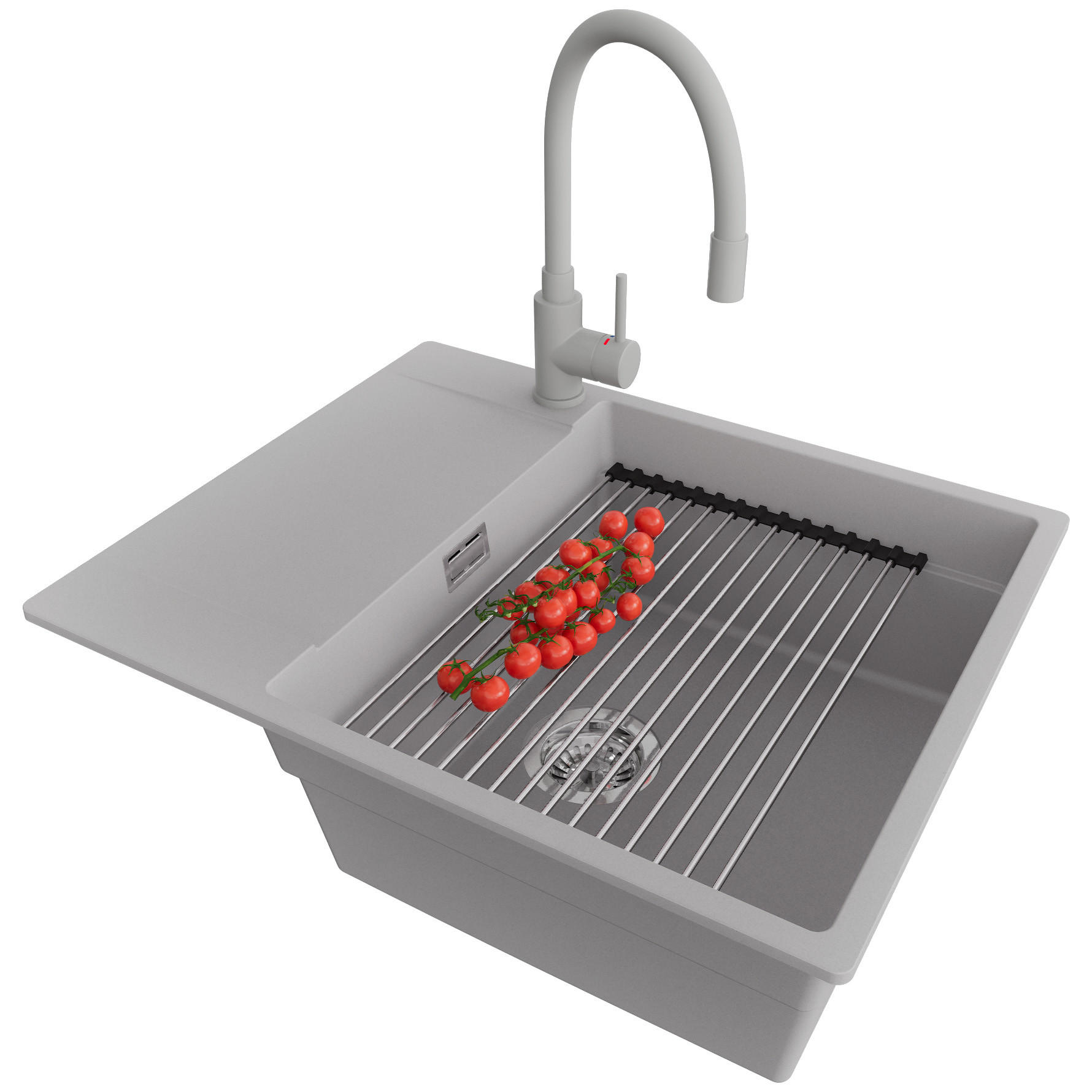 GRANITSPÜLE San Francisco, 2-er set Grau 62/50 cm 1 Becken + Küchenarmatur 38/14 cm + Ablauf-Set + Aufrollbare Abtropffläche ab 50er Unterschrank - Chromfarben/Grau, Kunststoff (62/20/50cm) - Primagran