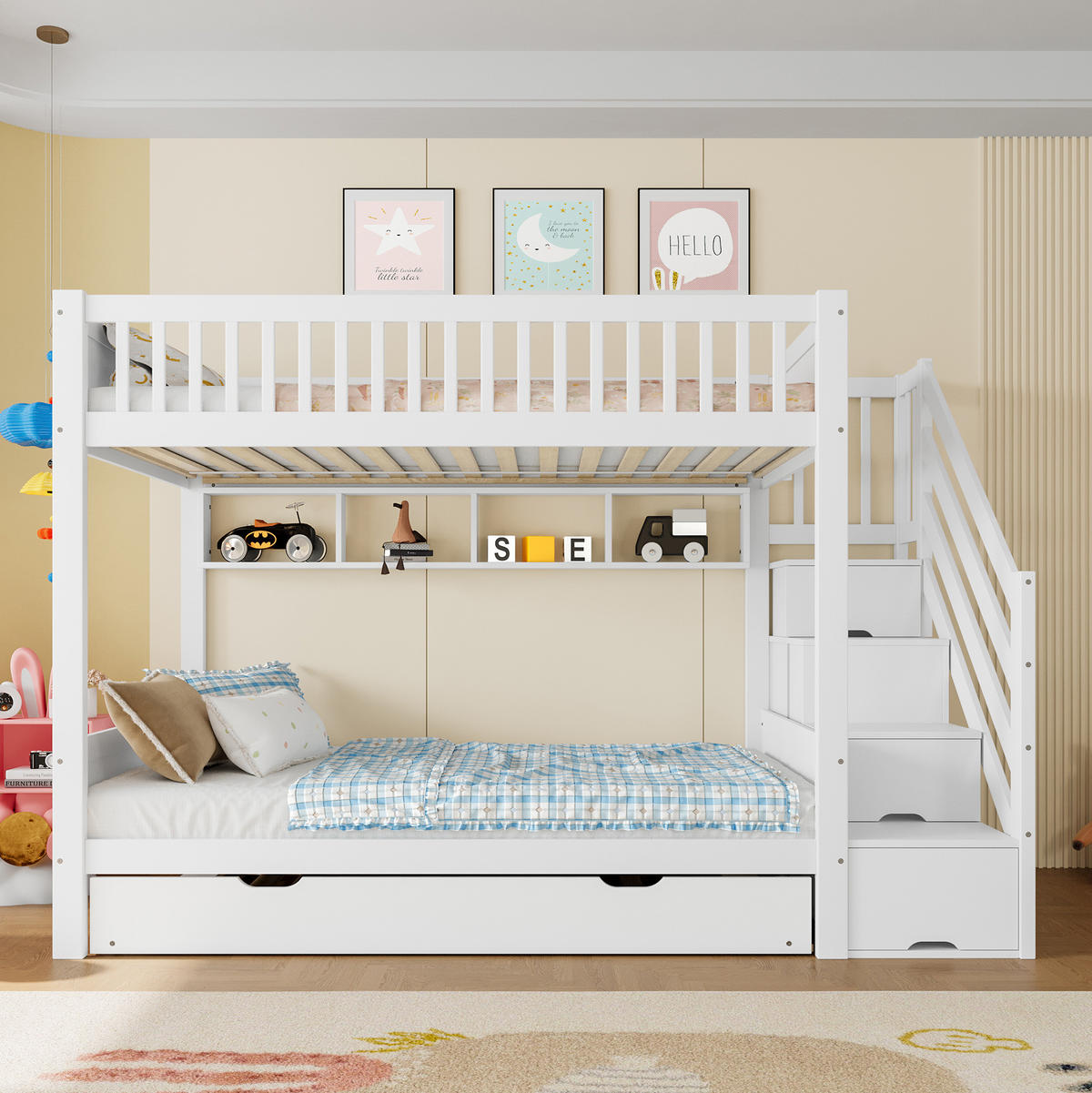 ETAGENBETT 90/200 cm Weiß mit Ausziehbett und Kleiderschrank - Weiß, Holz (90/200cm) - Flora Grace