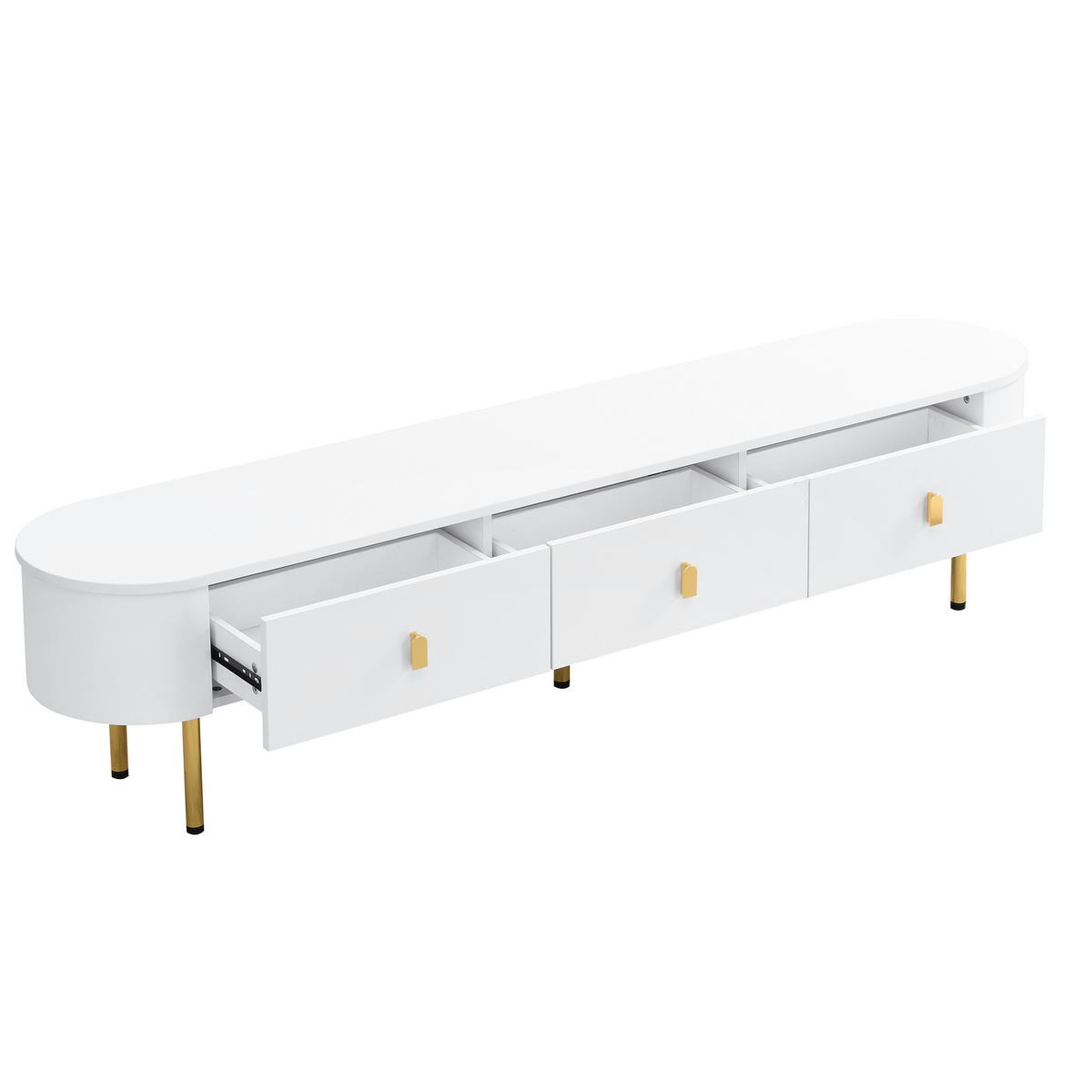 TV Lowboard 174x35x41 cm, abgerundete Ecken, goldene Füße, Weiß - Weiß, Holz (174/41/35cm)