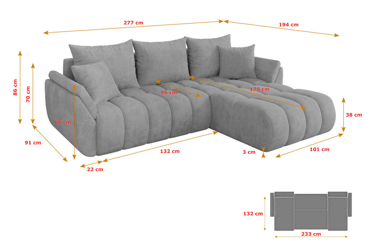 ROHOVÁ SEDAČKA s funkcí spaní, otoman vpravo TOKO-L-v1 277x194x86 šedá manšestr - šedá/černá, kompozitní dřevo/textil (277/194cm) - ALTDECOR
