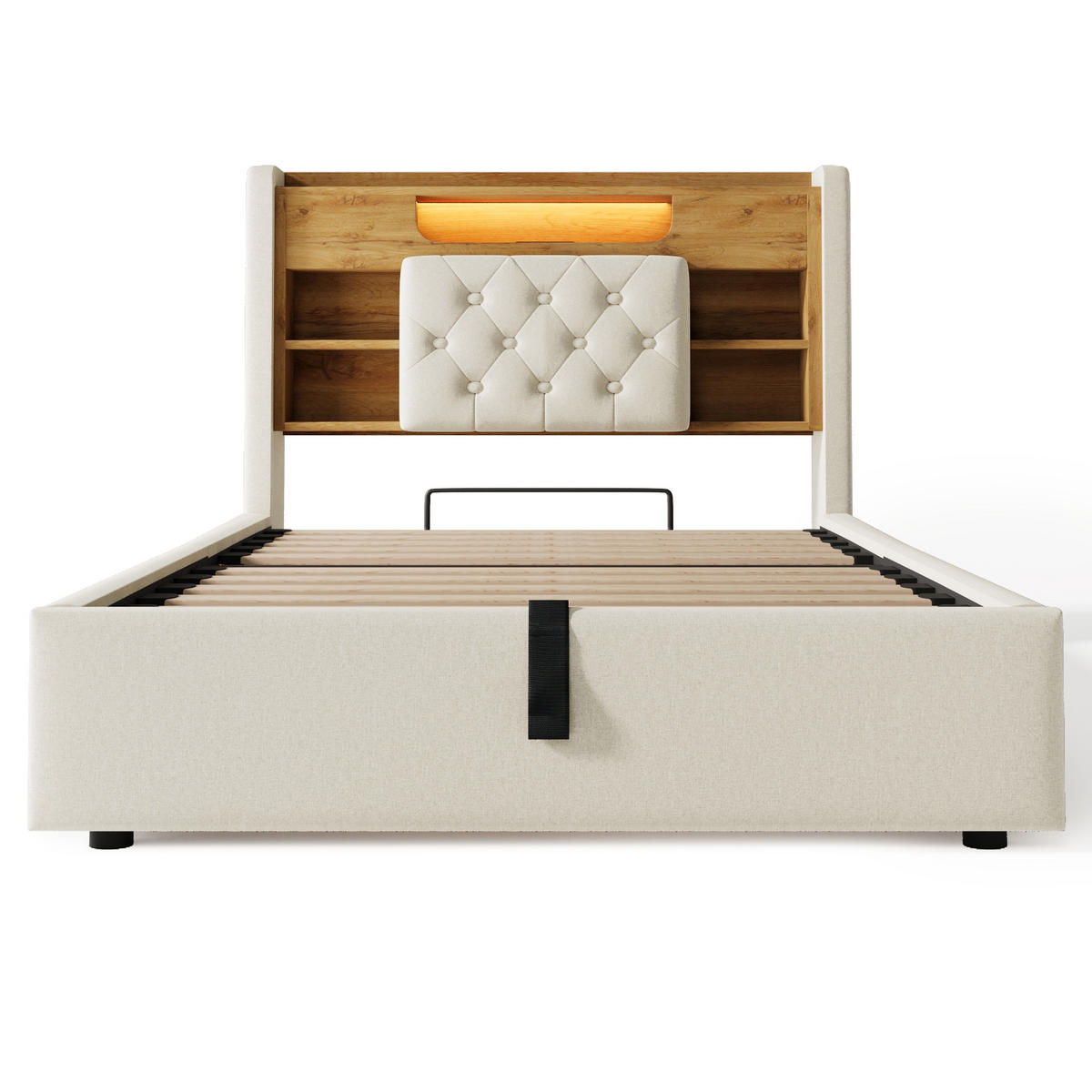 POLSTERBETT 90/200 cm Beige mit LED-Beleuchtung und Stauraum-Kopfteil - Beige, Textil (90/200cm) - Oxeza