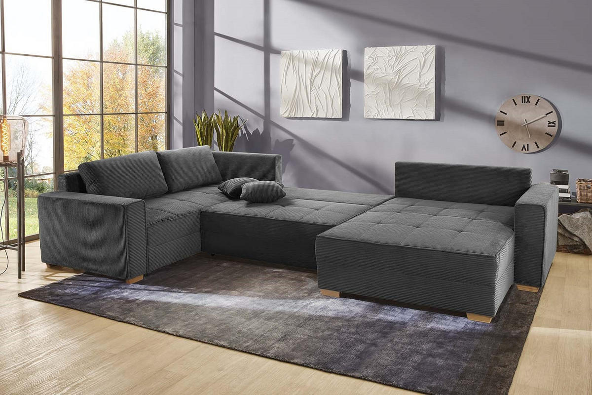 WOHNLANDSCHAFT Schlaffunktion Bettkasten Wellenunterfederung, spiegelverkehrt montierbar U-Form B379/T227/H86 cm, Cord Grau Anthrazit / 15198 - Schieferfarben/Eichefarben, Holz/Textil (379/86/227cm) - luma-home