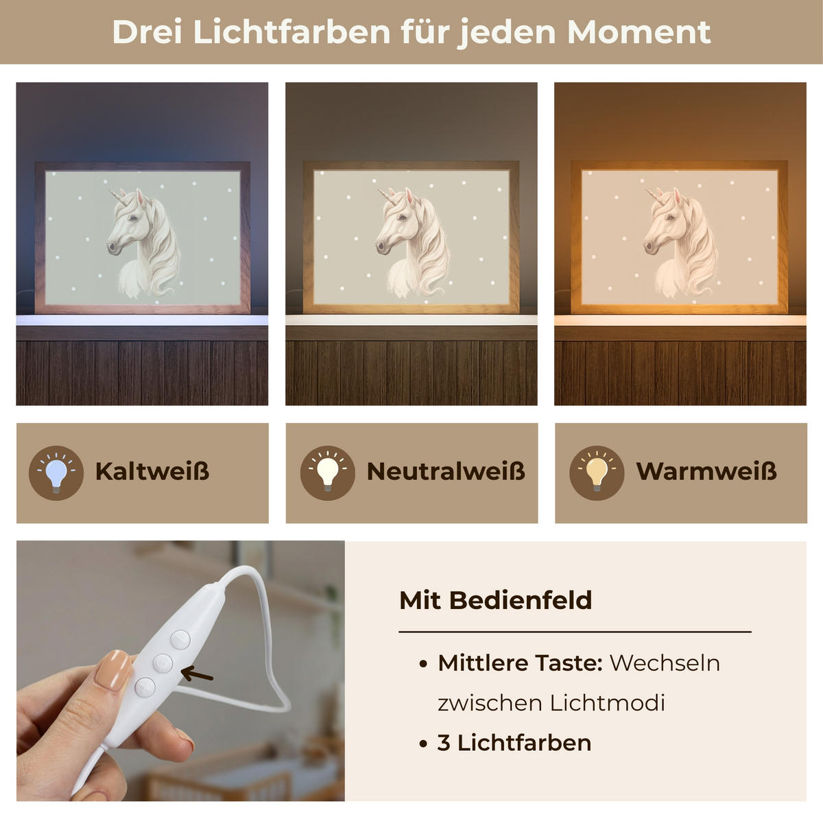 NACHTTISCHLAMPE Einhorn - Weiß - Punkte 30x20 cm - Taupe, Holzwerkstoff (8/30/20cm)