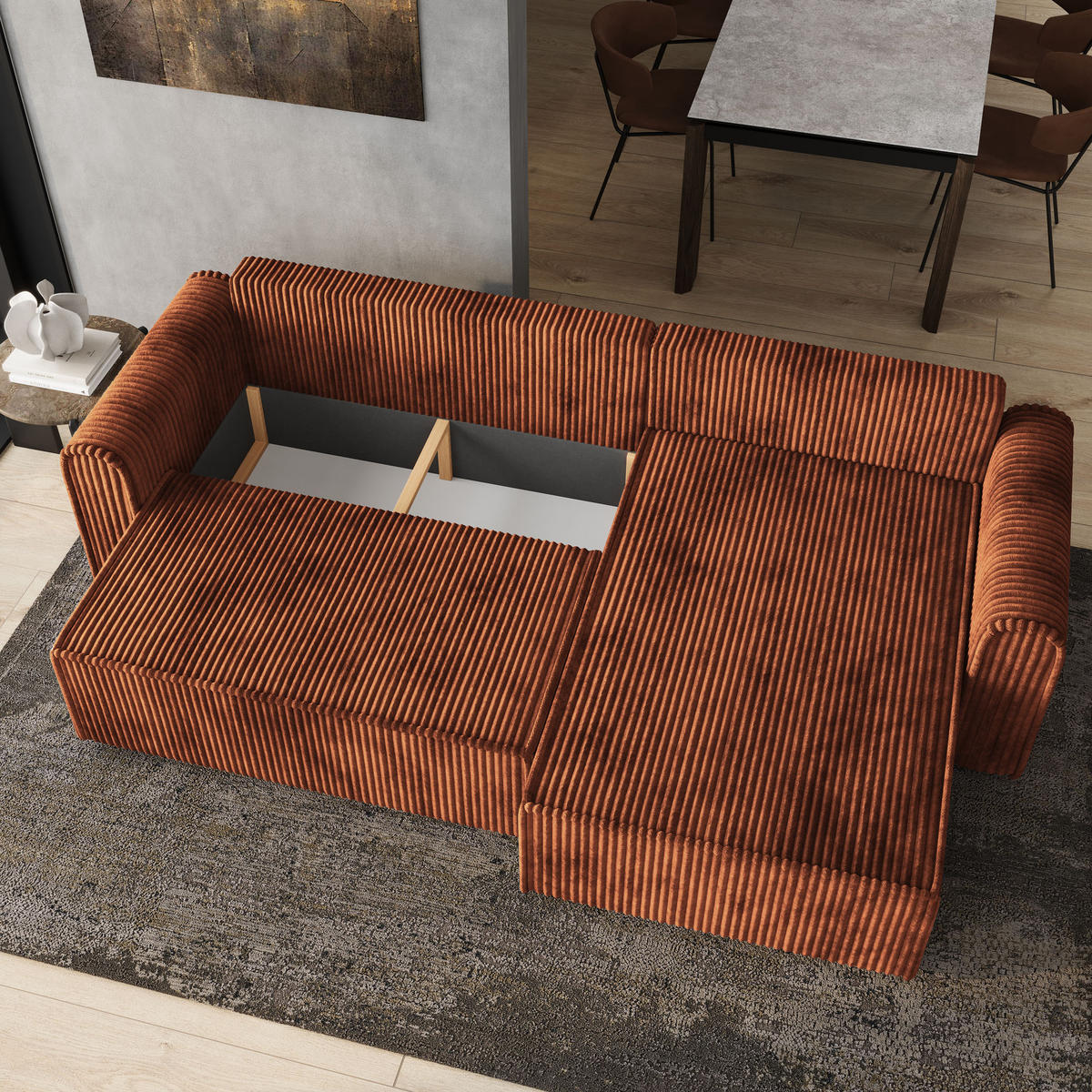 ECKSOFA VALTINO Braun Kordstoff mit Schlaffunktion - Braun, Holz (275/148cm) - MASSENO