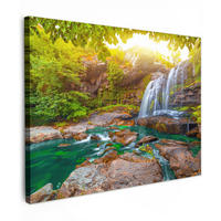 LEINWANDBILD Natur - Wasserfall - Pflanzen - Bäume - Sonne 40x30 cm - Olivgrün, Textil (40/30cm) - MuchoWow