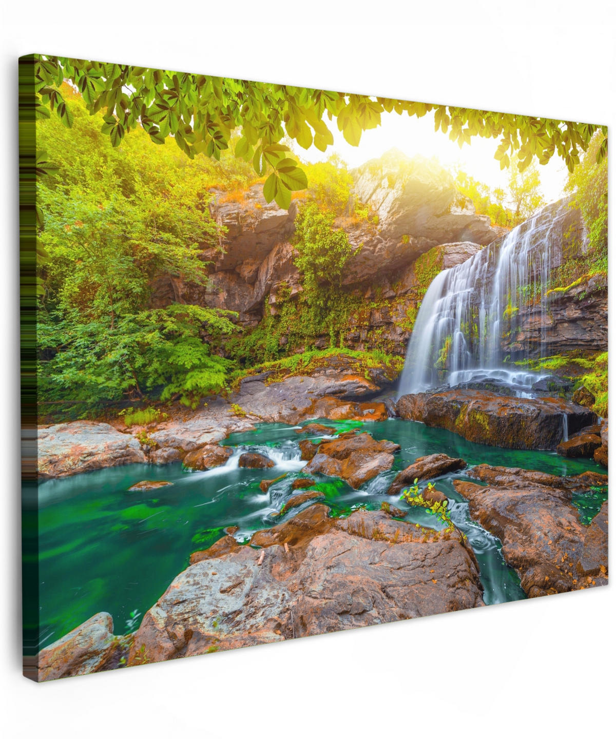 LEINWANDBILD Natur - Wasserfall - Pflanzen - Bäume - Sonne 40x30 cm - Olivgrün, Textil (40/30cm) - MuchoWow