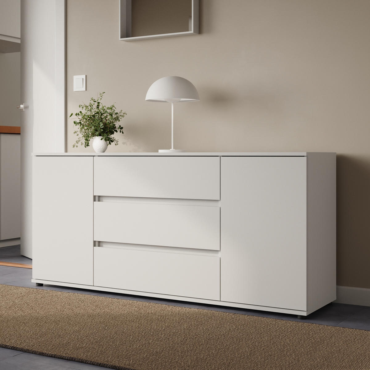KOMMODE 150 cm Breite mit zwei Türen und drei Schubladen Weiß - Weiß, Holzwerkstoff (150/70/40cm) - Home Collective