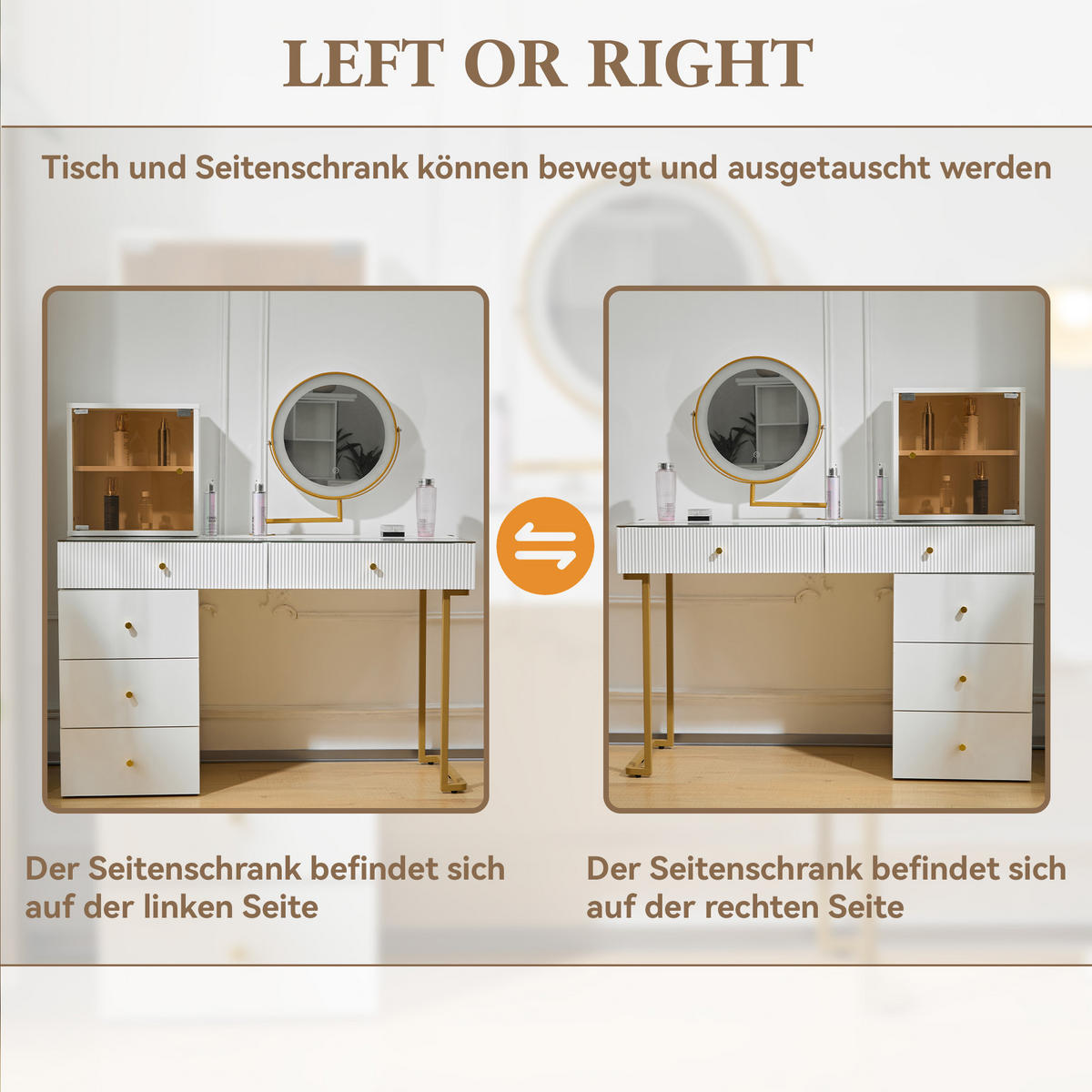 SCHMINKTISCH in Weiß Frisiertisch-Set mit LED Spiegel Glasplatte seitlichem Schrank für Schlafzimmer, B120/T45/H115cm - Transparent/Goldfarben, Glas/Holzwerkstoff (120/115/45cm) - STILVORA