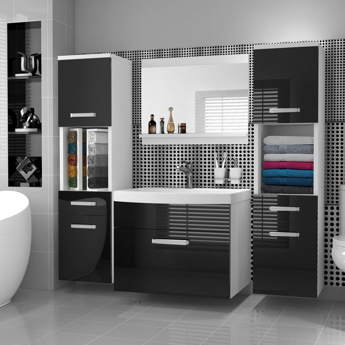 BADMÖBEL Badezimmer SET PRI P6, Schwarz Hochglanz, 120 cm - Schwarz Hochglanz, Holz (38.7/113.5/120cm) - B BELINI GROUP