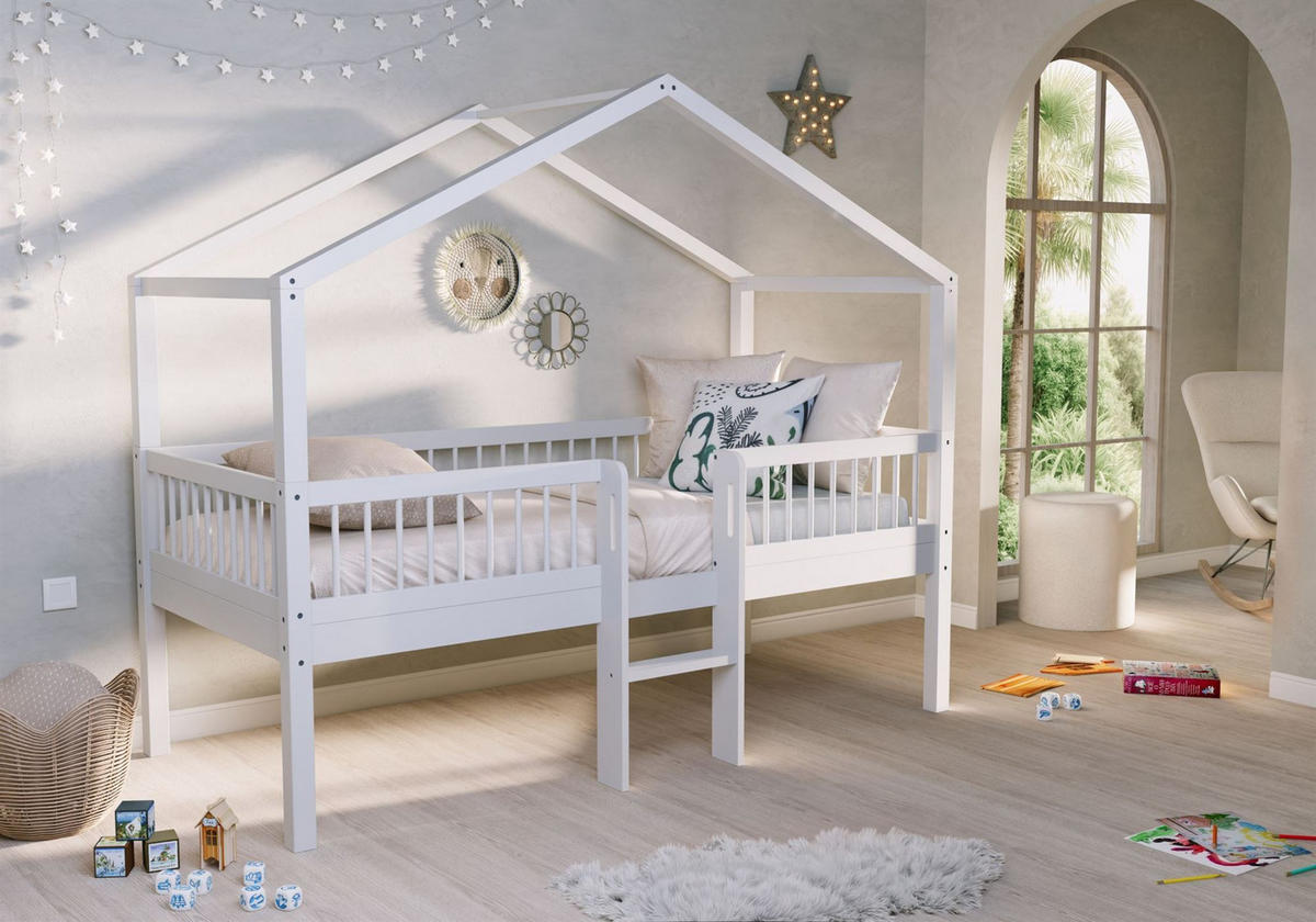 HAUSBETT HALBHOCH 90x200 Keeley Buche Weiß Leiter Mitte - Weiß, Holz (90/200cm) - 58aufmkessel