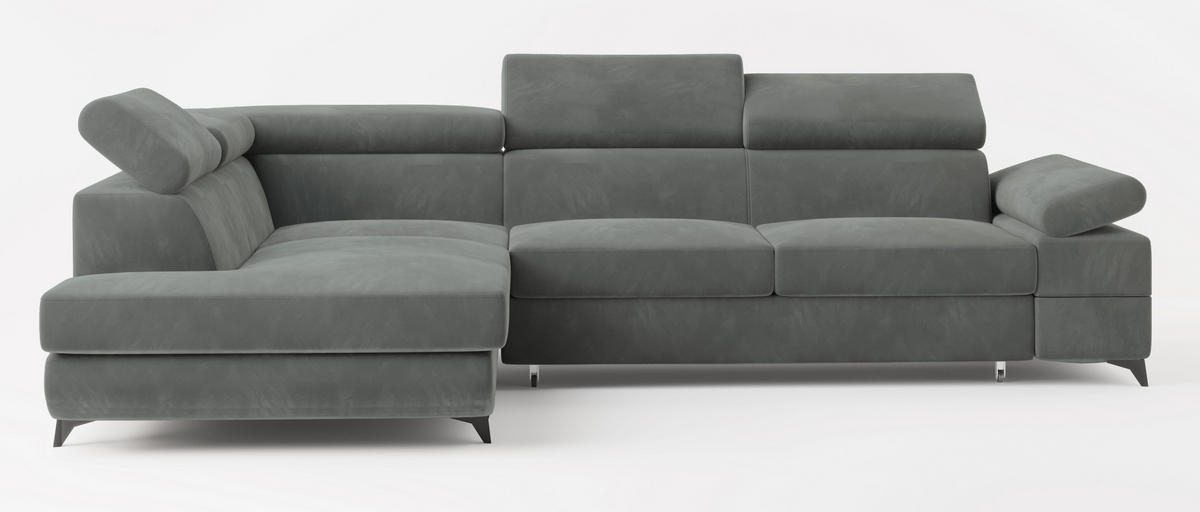 ECKSOFA FAVIEN L-S Grau Velours-Stoff mit Schlaffunktion - Grau, Holz (257/190cm) - MASSENO