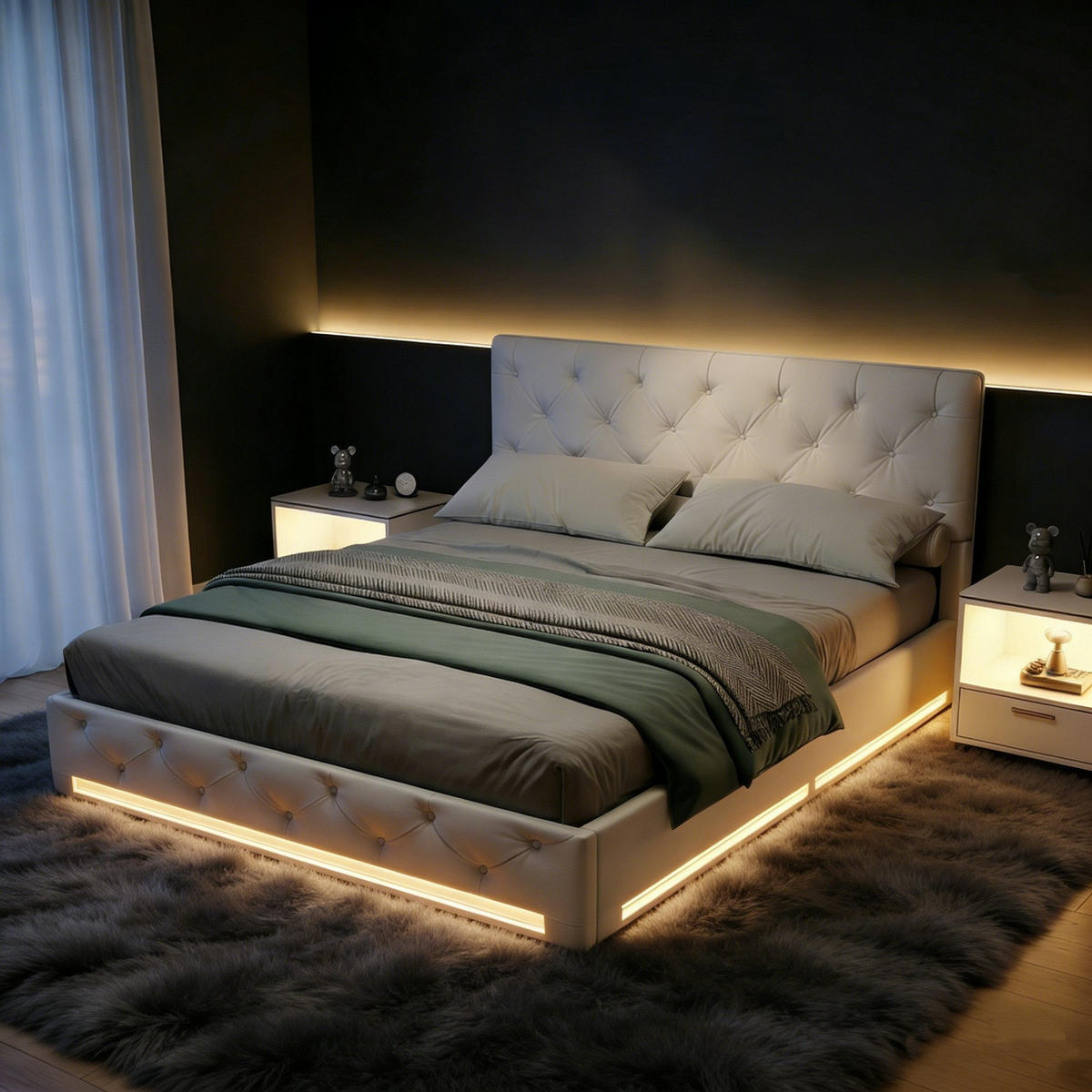 POLSTERBETT 140x200 mit LED und Lattenrost und hydraulischem Stauraum,Beige - Beige, Holz/Metall (140/200cm) - PARAFTA HOME