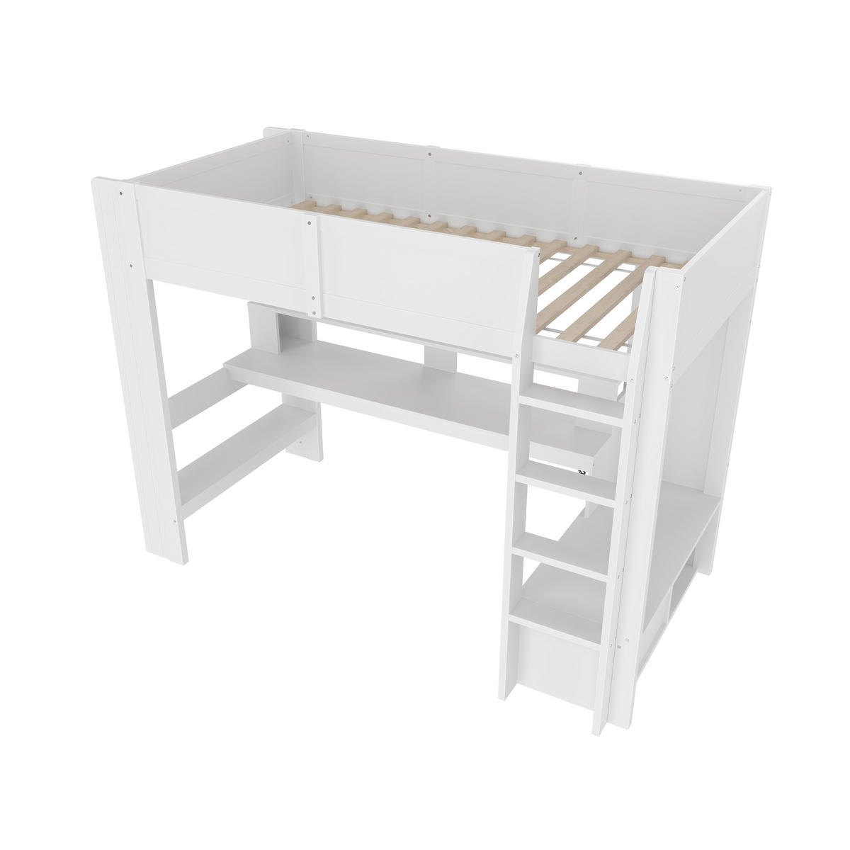 HOCHBETT aus Kiefernholz 90x200 cm in Weiß mit Schreibtisch & LED - Weiß, Holz (90/200cm) - Modfu