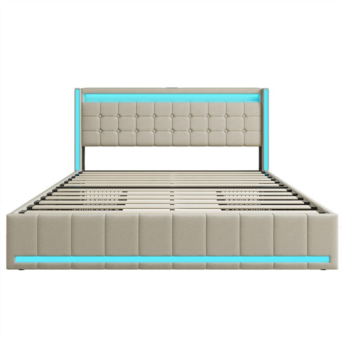 POLSTERBETT 160x200 cm Lumina Smart mit 3-Zonen RGB-LED, USB & USB-C, 4 Schubladen, Leinen-Optik, Beige - Beige, Textil (160/200cm) - DELFA