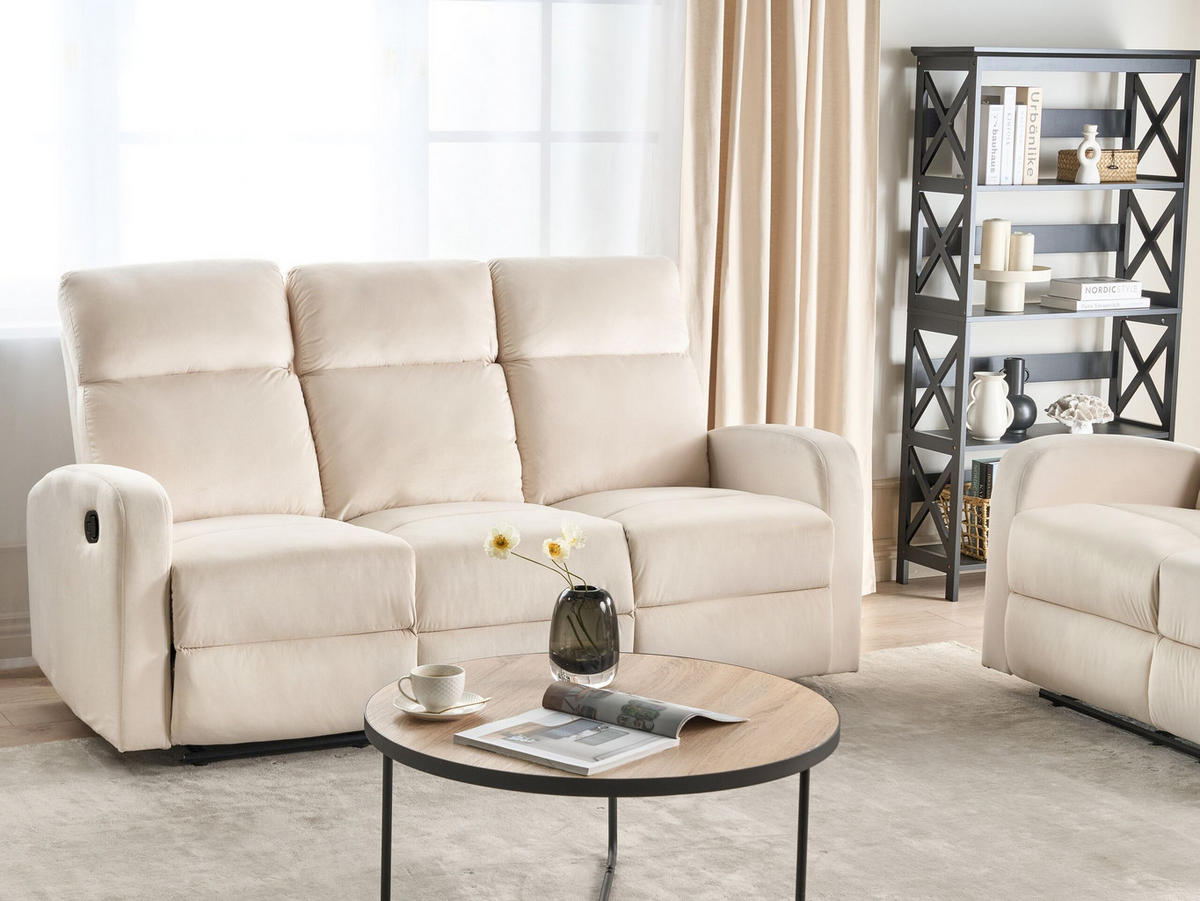 3-SITZER-SOFA Samtstoff creme manuell verstellbar Verdal - Weiß, Textil (180/102/73cm) - Beliani