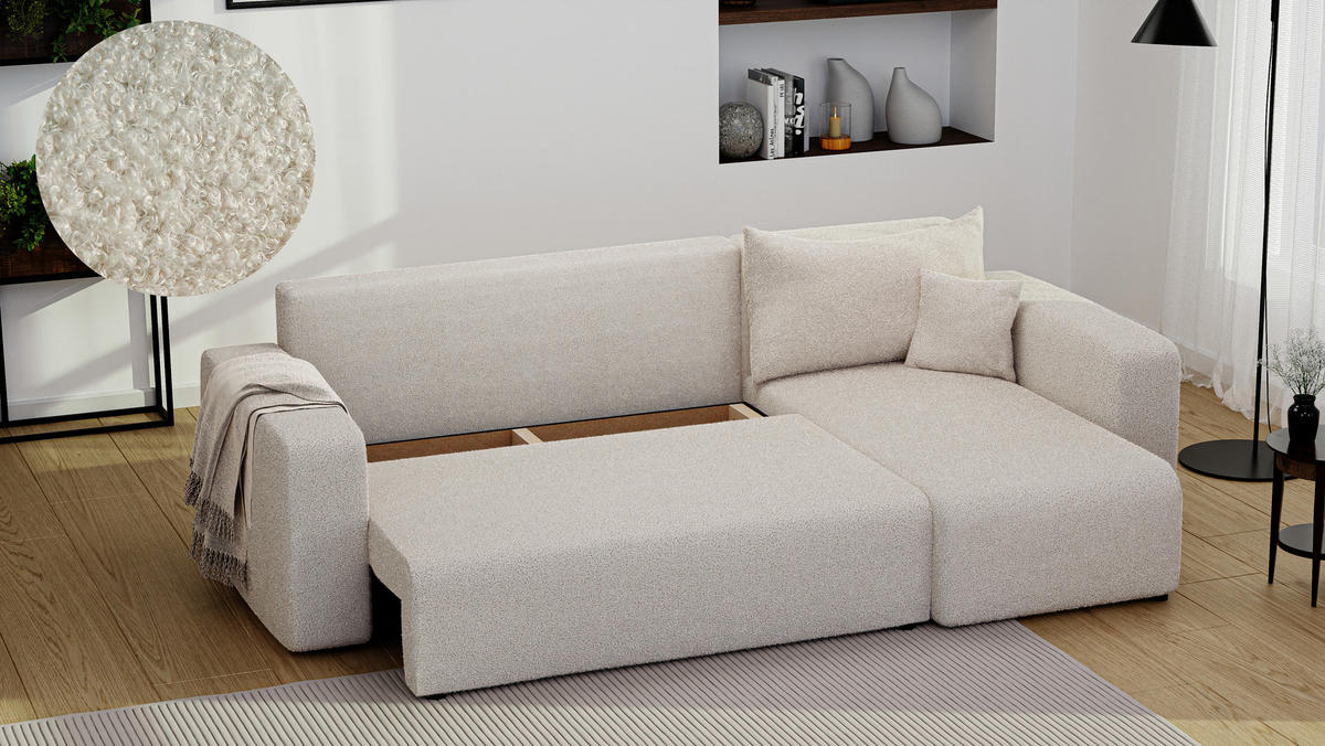 ECKSOFA Creme in Bouclé, Teddystoff mit Bettkasten - Creme, Textil (248/145cm) - Idohome