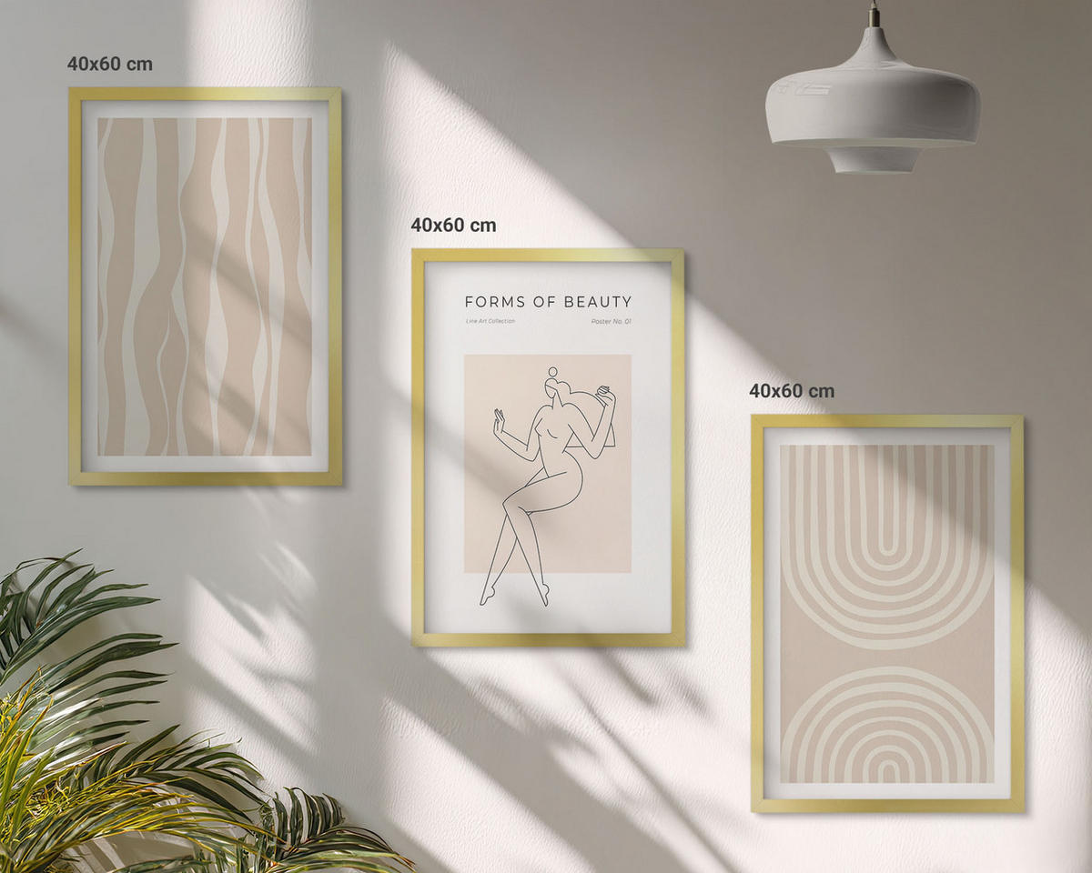 BILDER SET 3er Set - 40x60 cm Goldrahmen - Abstrakte Boho-Dekorationen - Goldfarben, Kunststoff (40/60cm) - TULUP