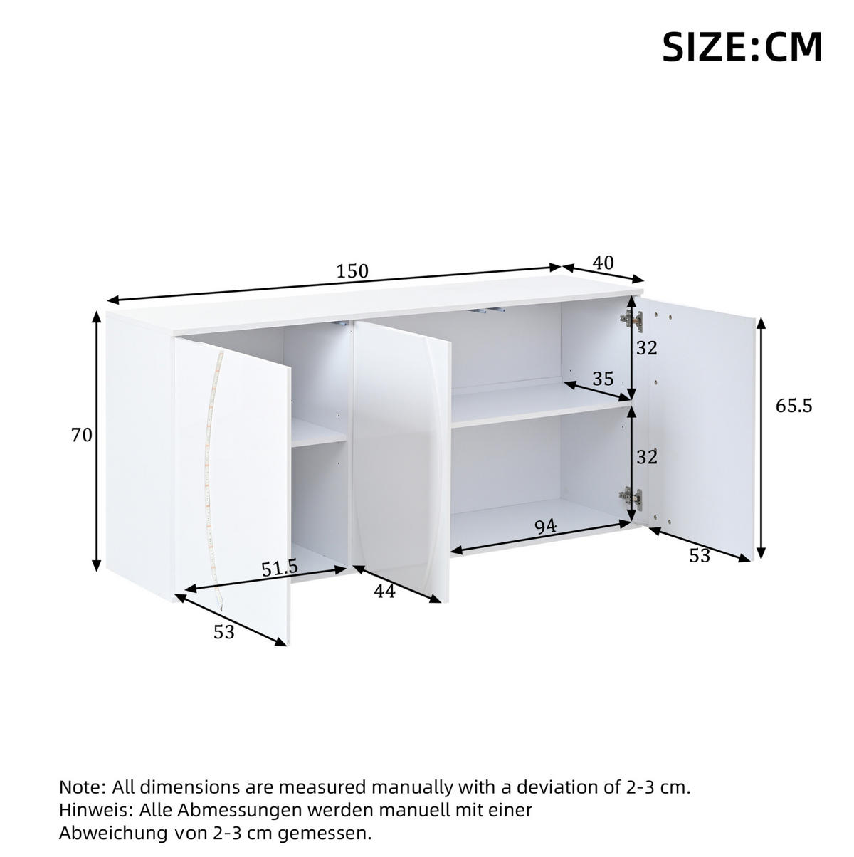 TV stolek 150/40/70 cm s LED osvětlením, třemi dvířky a úložným prostorem z dřevotřísky, Bílá - bílá, kompozitní dřevo (150/70/40cm) - Redom