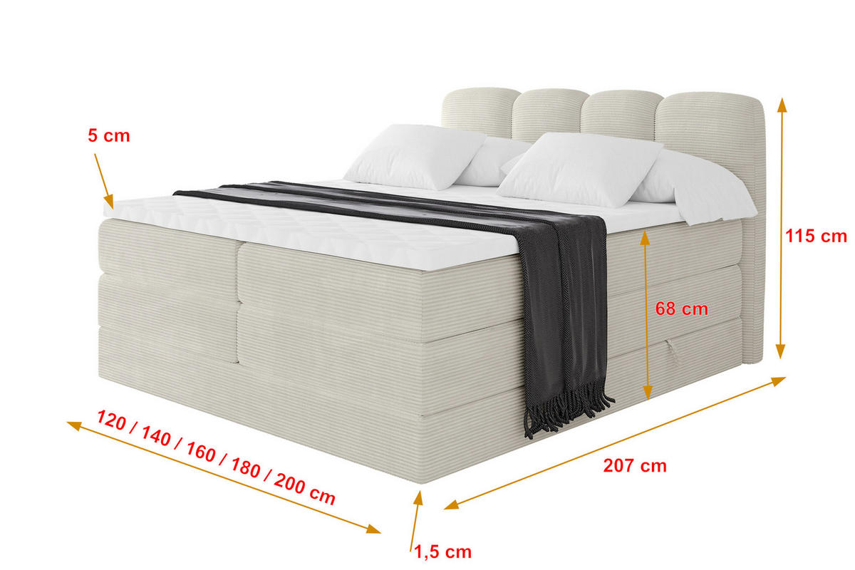 BOXSPRINGBETT mit Matratze H3/H4 - NINA KING - 160x200 cm Creme - Perlmutt, Holzwerkstoff (160/200cm) - ALTDECOR