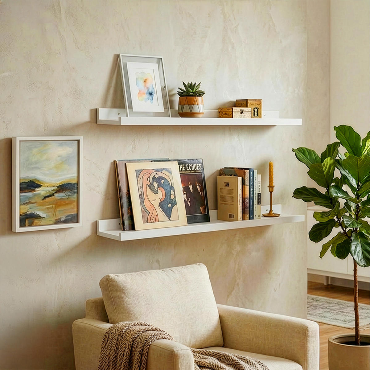 STENNÁ polica - biela, drevo (100/5/15cm) - Relaxdays