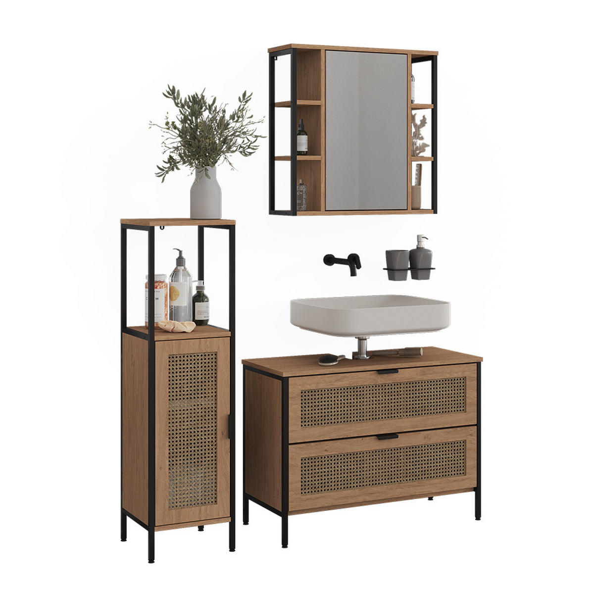 BADMÖBEL-SET Linara, Eiche, 3er Set - Eichefarben, Holzwerkstoff (80/59/35cm) - Vicco