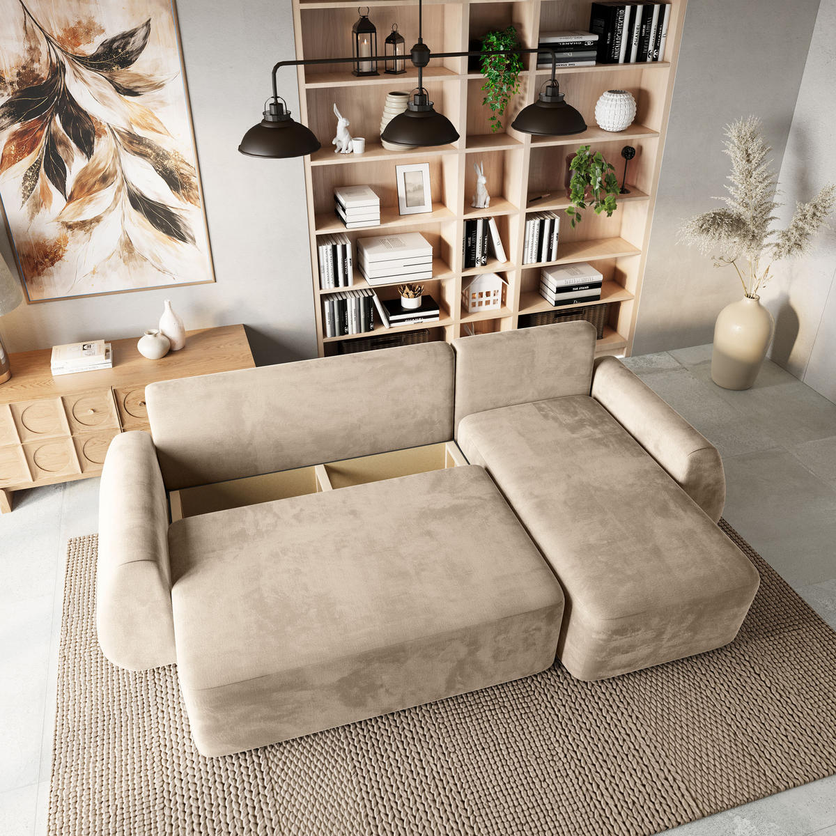 ECKSOFA GALVIS Creme Velours-Stoff mit Schlaffunktion - Creme, Holz (256/156cm) - MASSENO